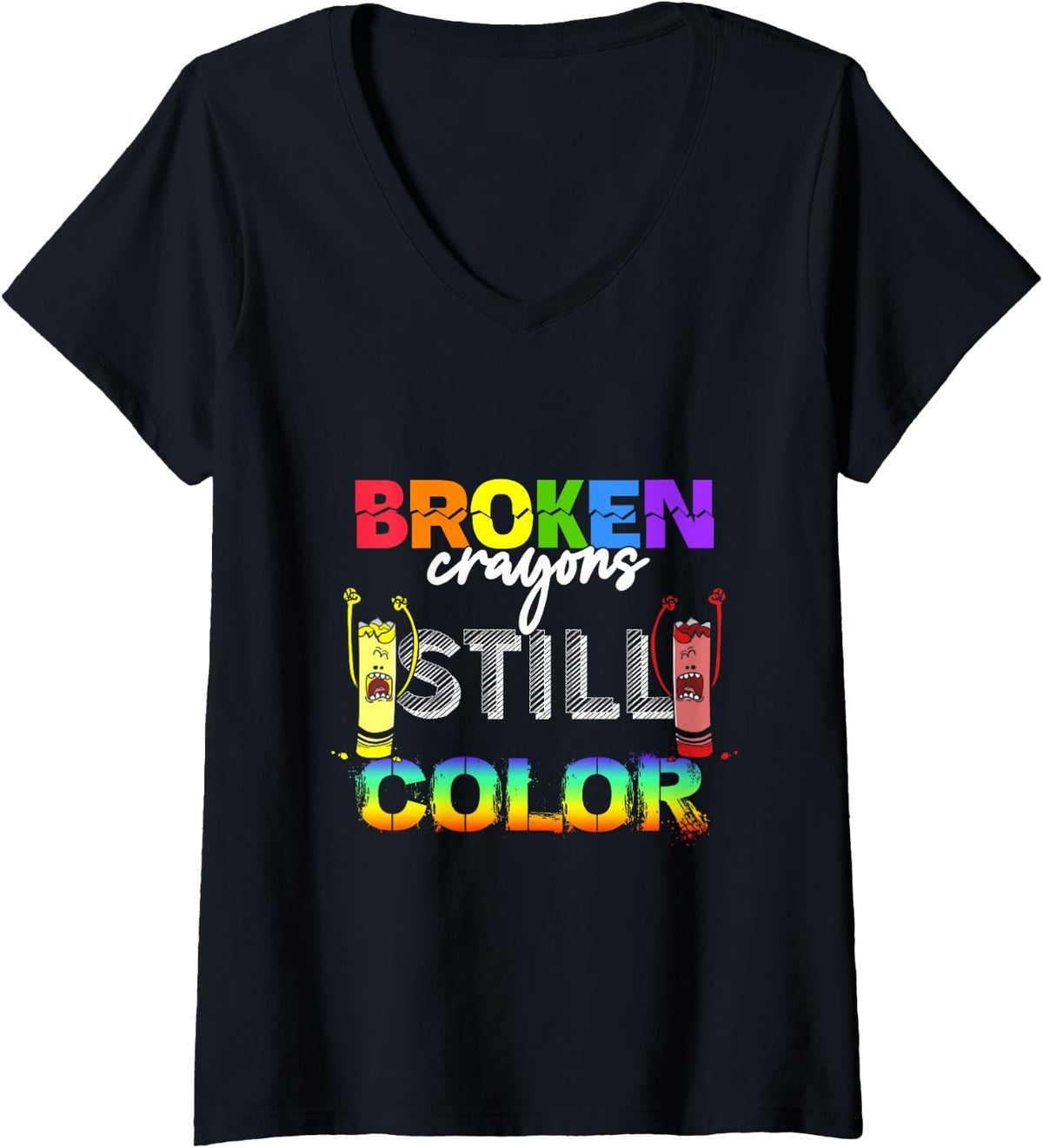 Women's Broken Crayons Still Color Mental Health Awareness V-Neck T-Shirt - Black