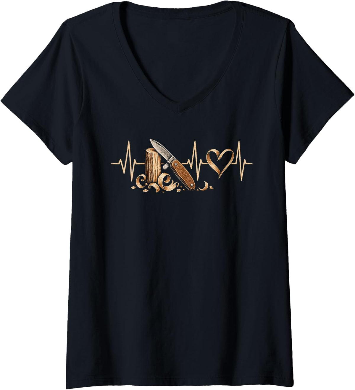 Women's Whittling Heartbeat Wood Carving Design V-Neck T-Shirt - Black