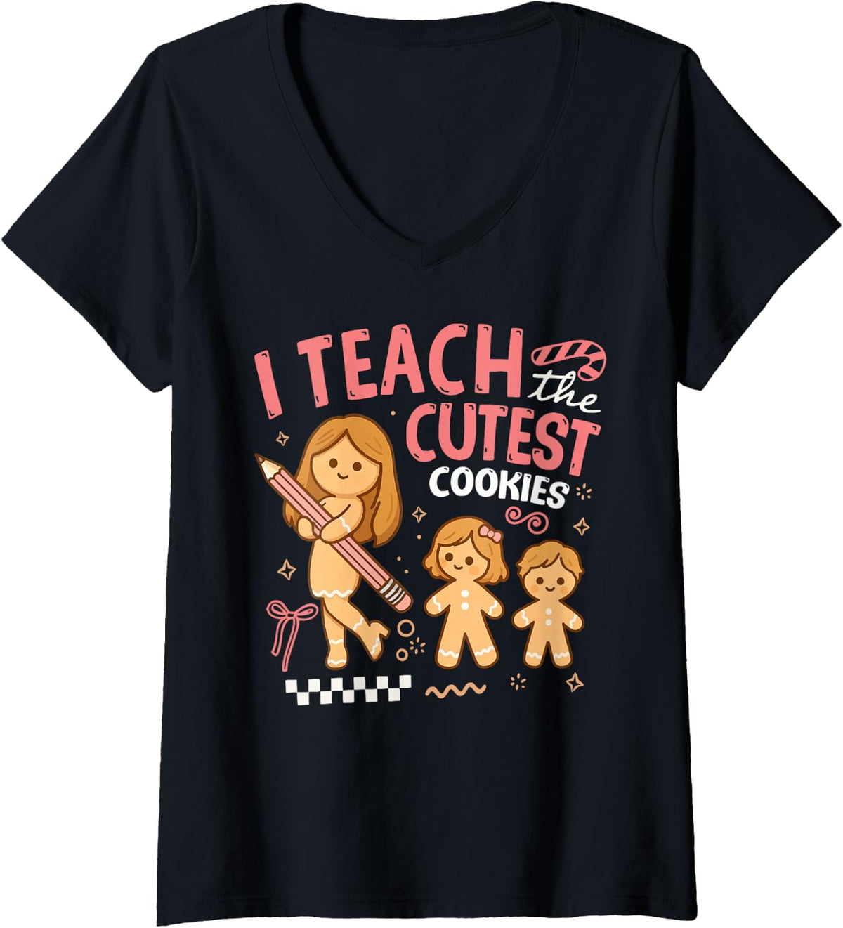 Women's I Teach Cutest Cookies Teacher Christmas Gingerbread Groovy V-Neck T-Shirt - Black