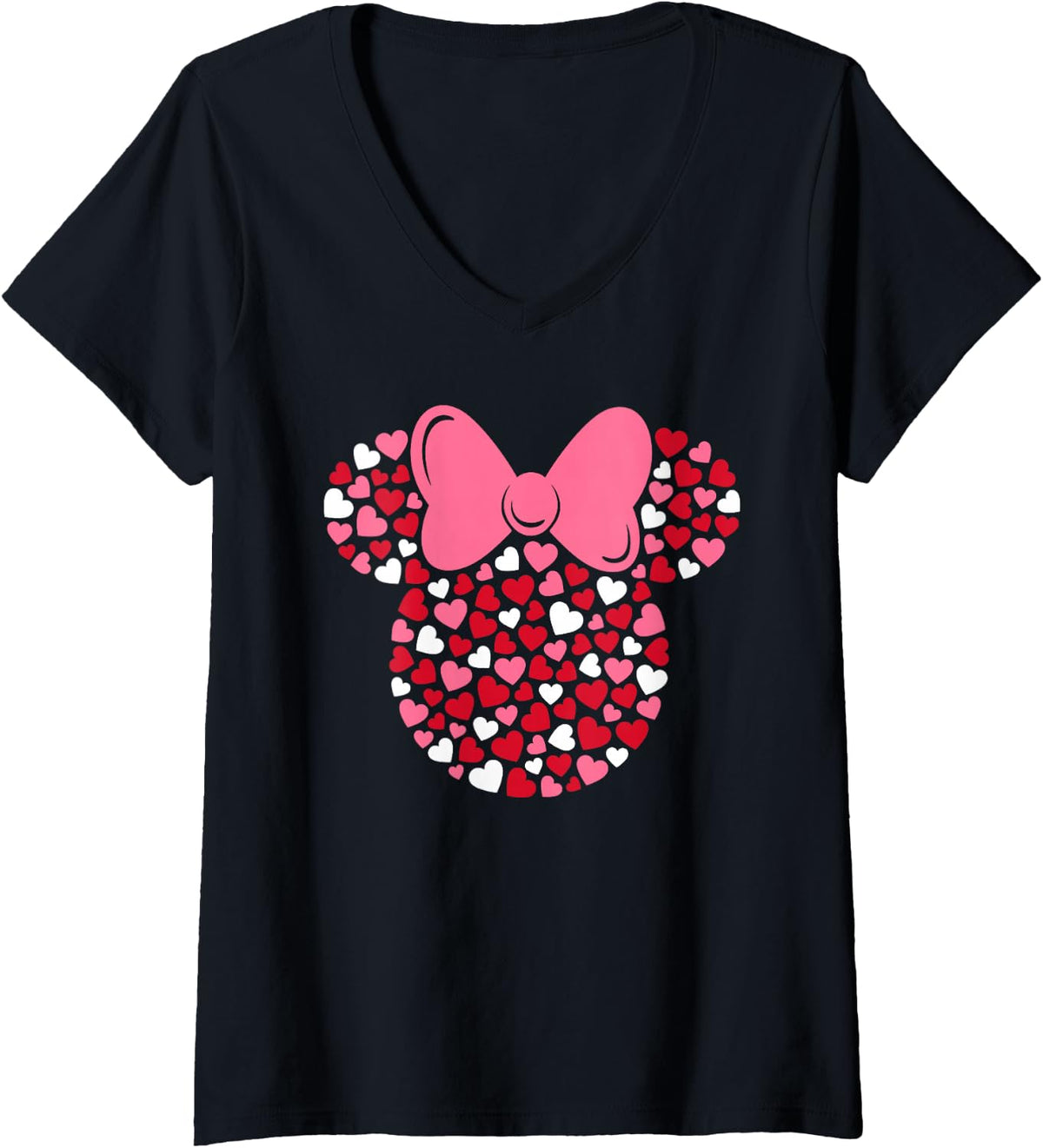 Women's Disney Minnie Mouse Icon Pink Hearts Valentine's Day V-Neck T-Shirt - Black