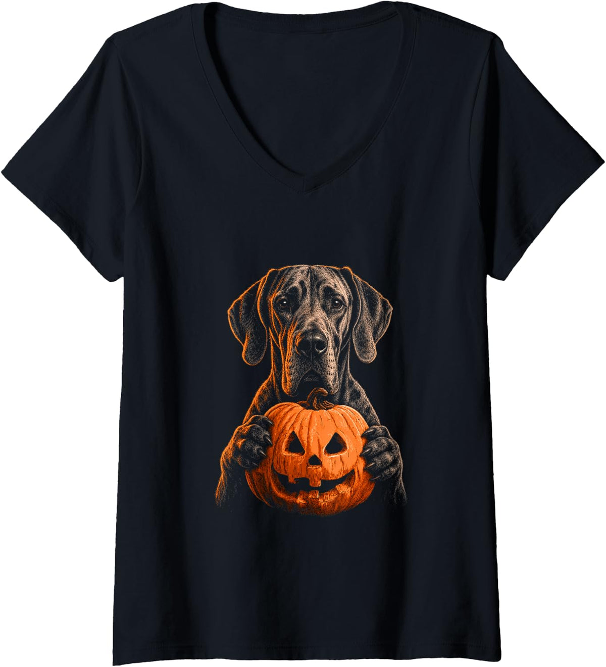 Women's Great Dane Halloween Dog Lover Jack O Lantern Face Pumpkin V-Neck T-Shirt - Black