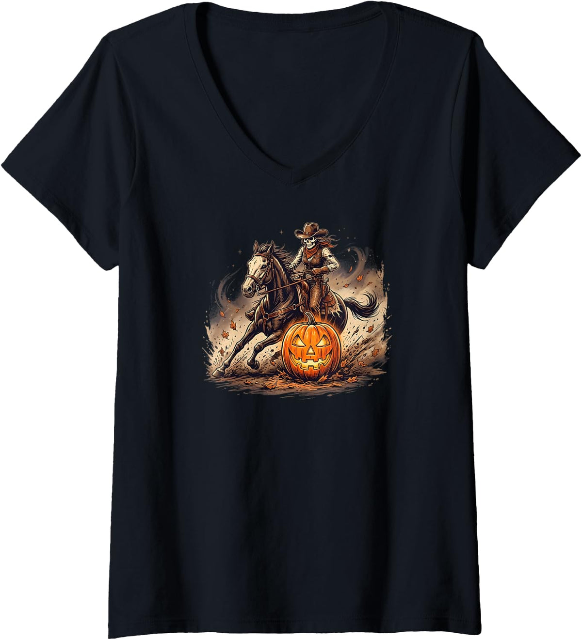 Women's Halloween Barrel Racing Skeleton Cowgirl Rodeo V-Neck T-Shirt - Black