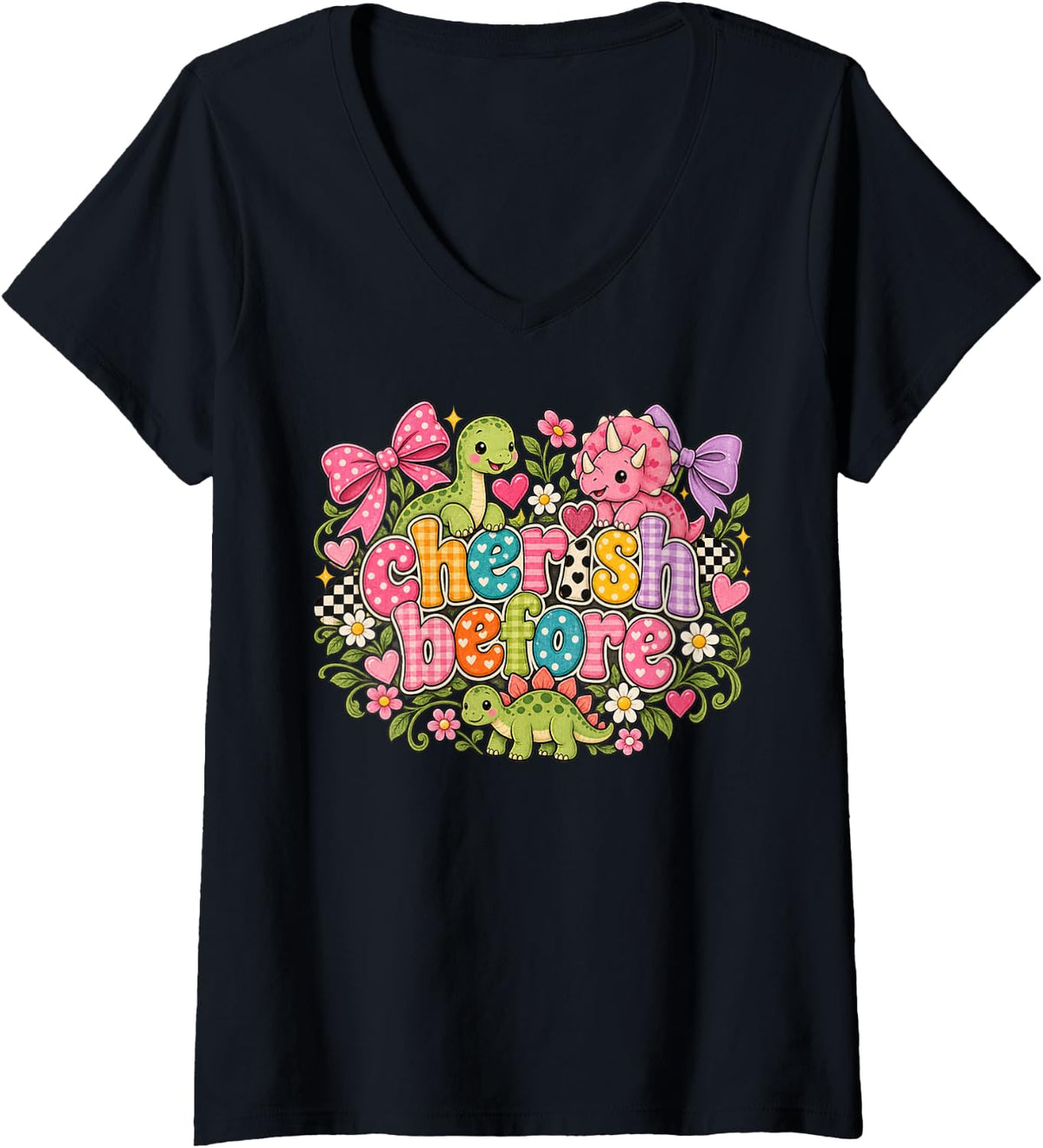Women's Cute Dinosaur Lover Pastel Dino Hearts V-Neck T-Shirt - Black