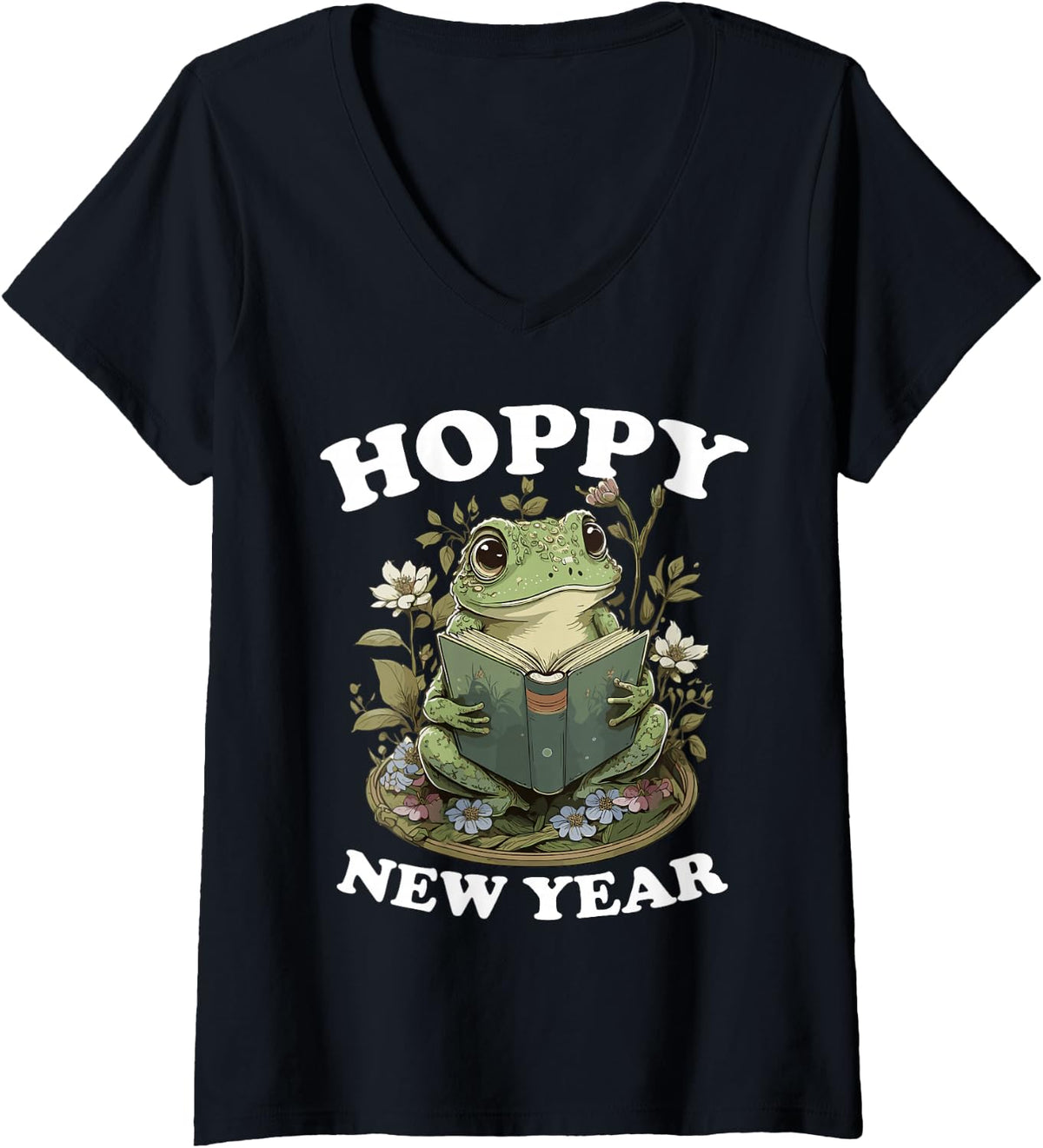 Women's Hoppy New Year 2024 Funny New Years Frog Pun Kawaii Unisex V-Neck T-Shirt - Black