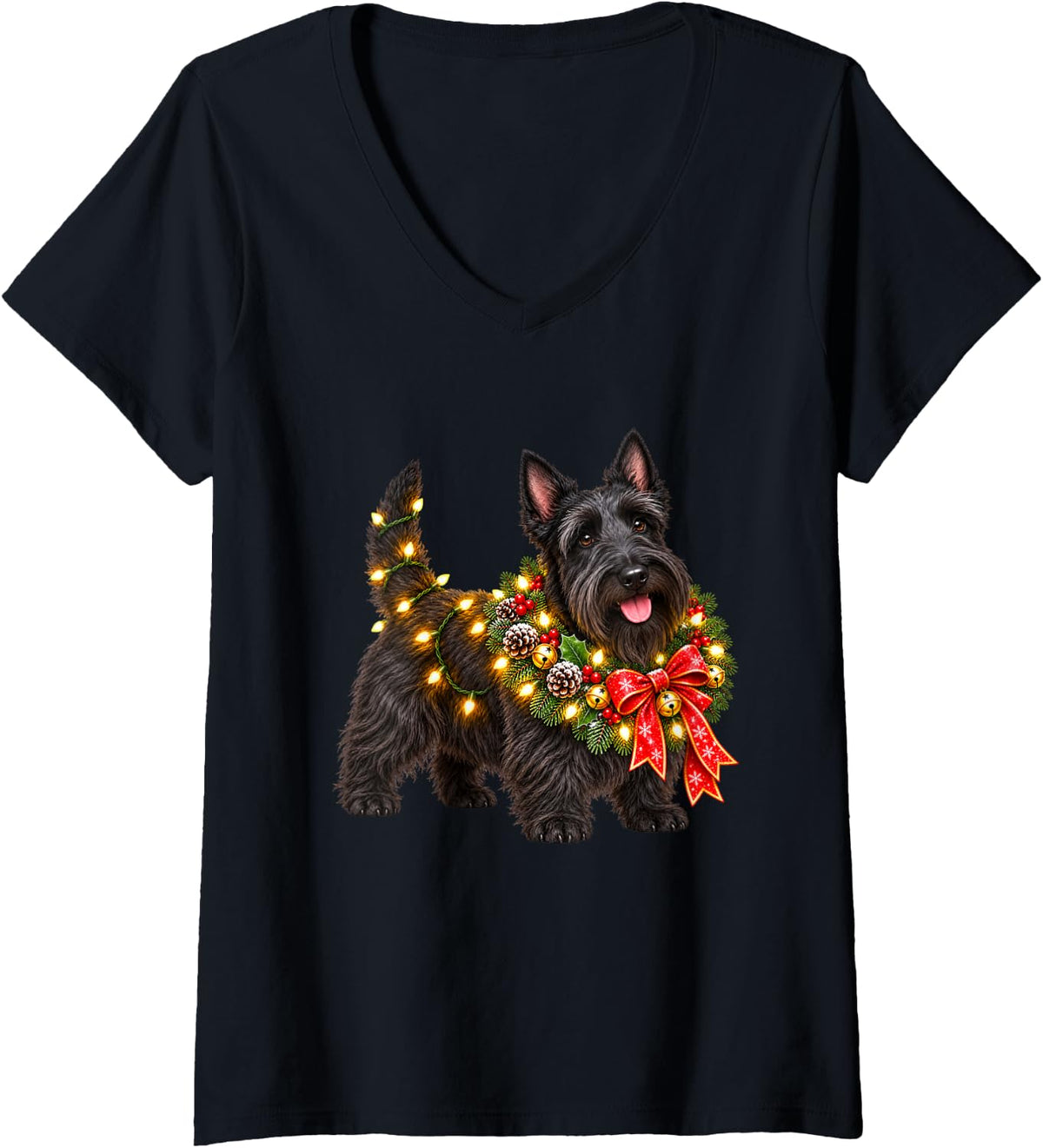 Women's Scottish Terrier Christmas Wreath Decoration Xmas Pajamas V-Neck T-Shirt - Black