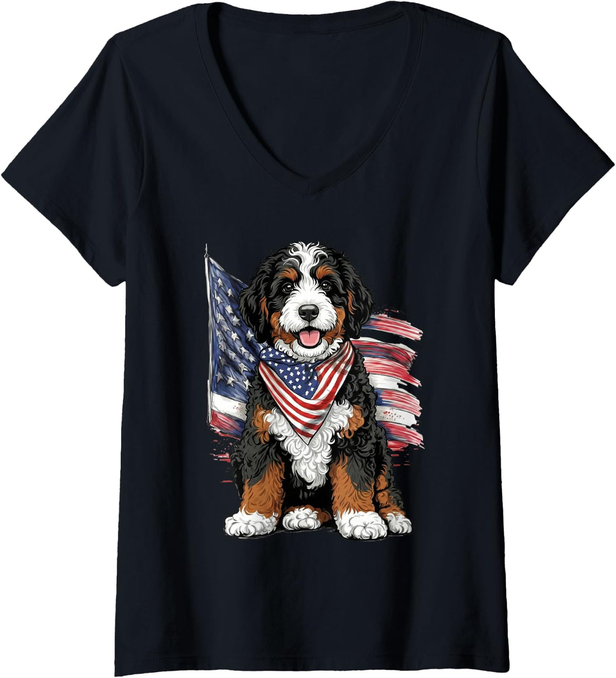 Women's Bernedoodle 4th of July Patriotic Dog V-Neck T-Shirt - Black