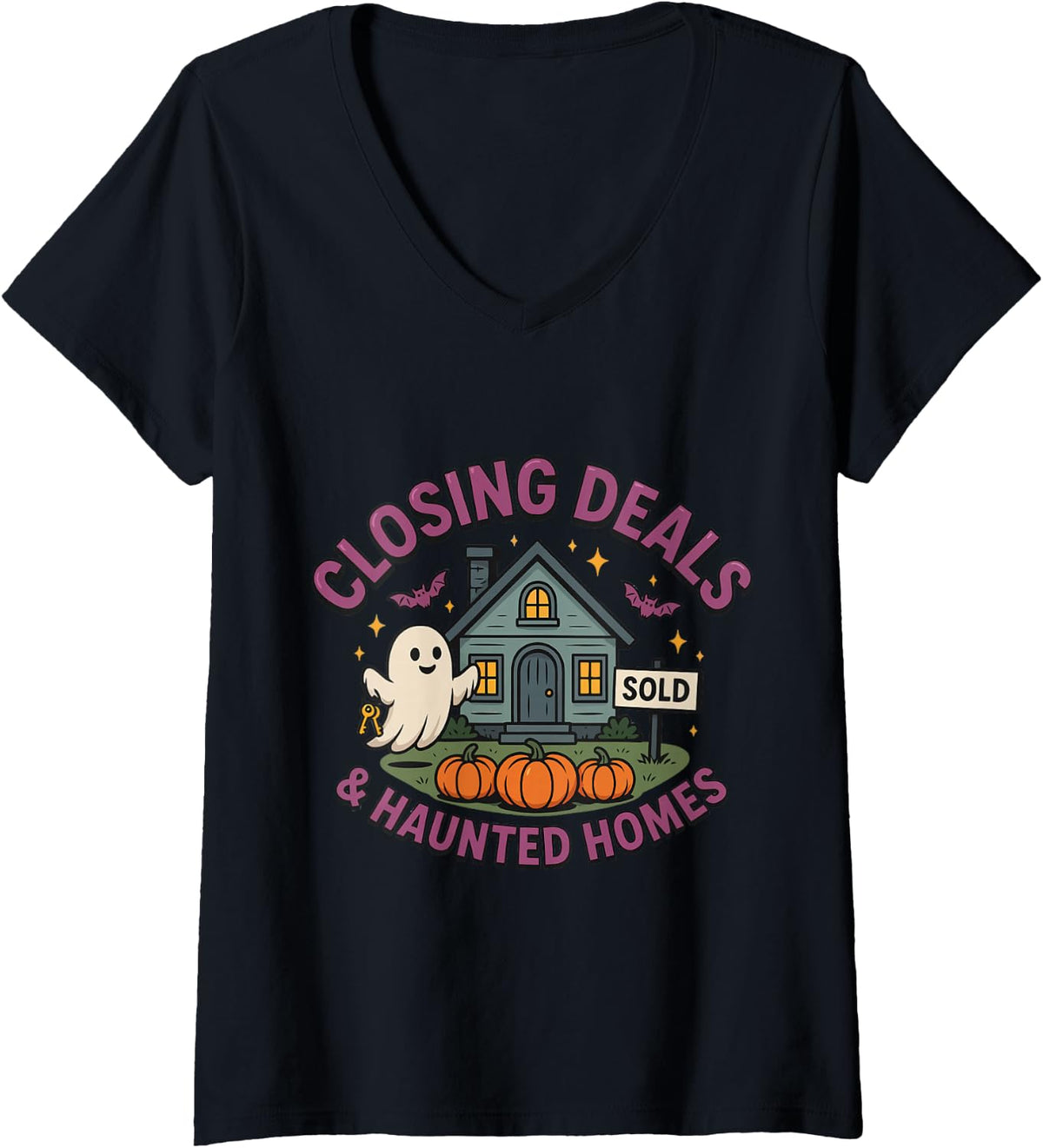 Women's Halloween Real Estate Agent V-Neck T-Shirt - Black