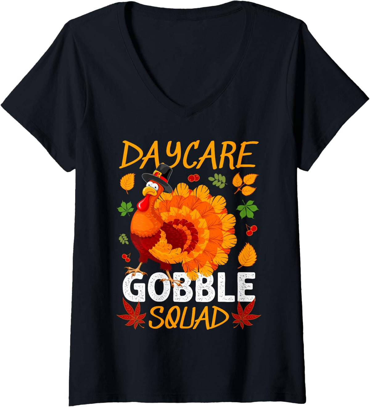 Women's Daycare Gobble Squad Thanksgiving Turkey V-Neck T-Shirt - Black