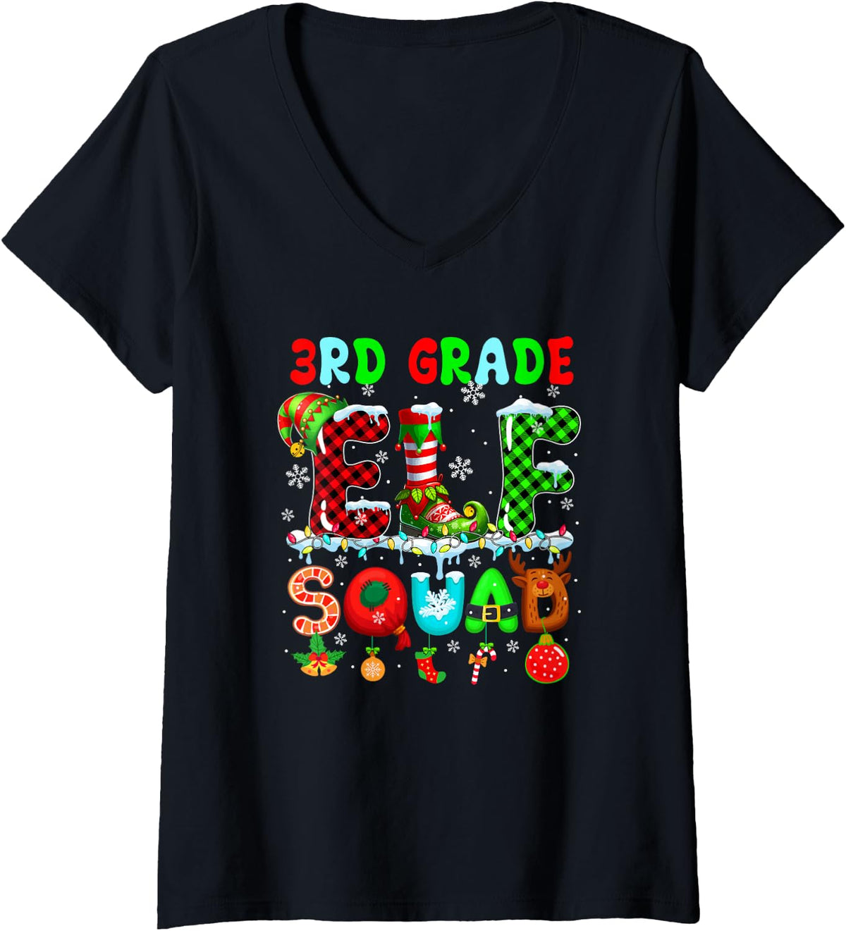 Women's 3rd Grade Elf Squad Christmas Colorful Teacher Students Team V-Neck T-Shirt - Black