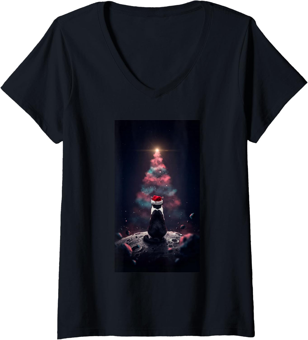 Women's Tuxedo Cat Santa Hat Nebula Christmas Tree Space Cat Lover V-Neck T-Shirt - Black