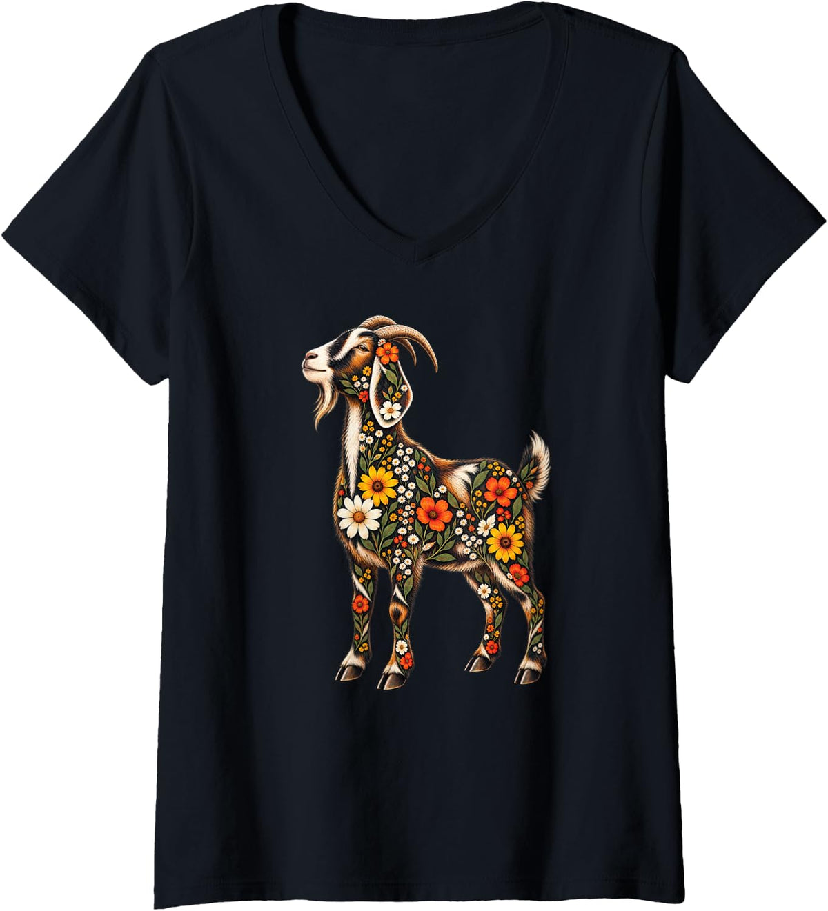 Women's Floral Goat V-Neck T-Shirt - Black