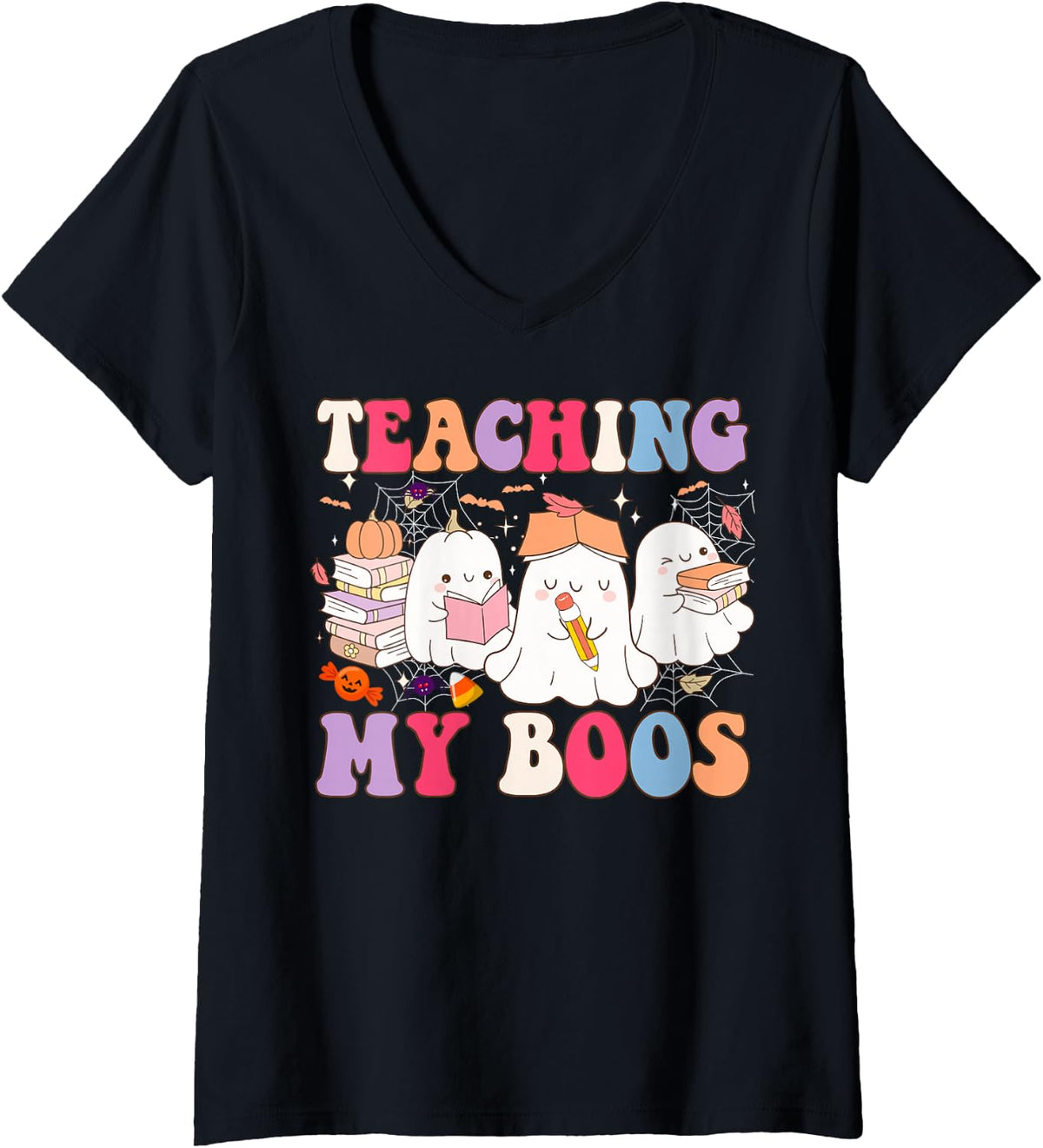 Women's Teaching My Boos Teacher Cute Ghost Groovy Teacher Halloween V-Neck T-Shirt - Black