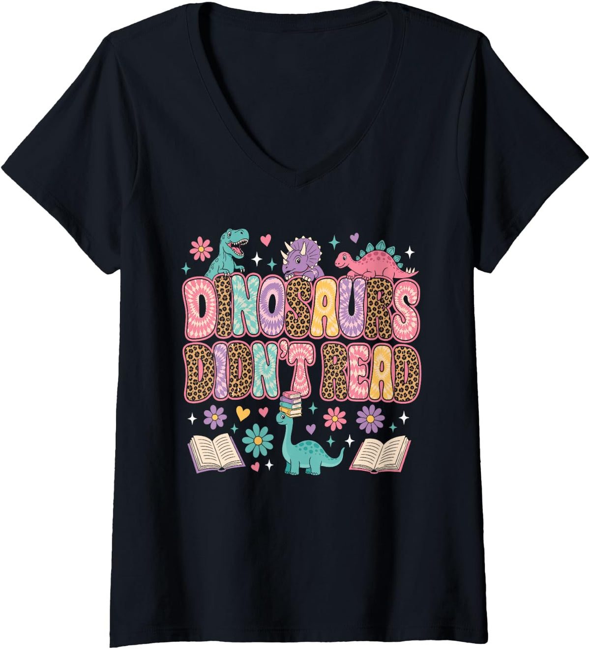 Women's Dinosaurs Didnt Read Groovy Reading Teacher Women V-Neck T-Shirt - Black