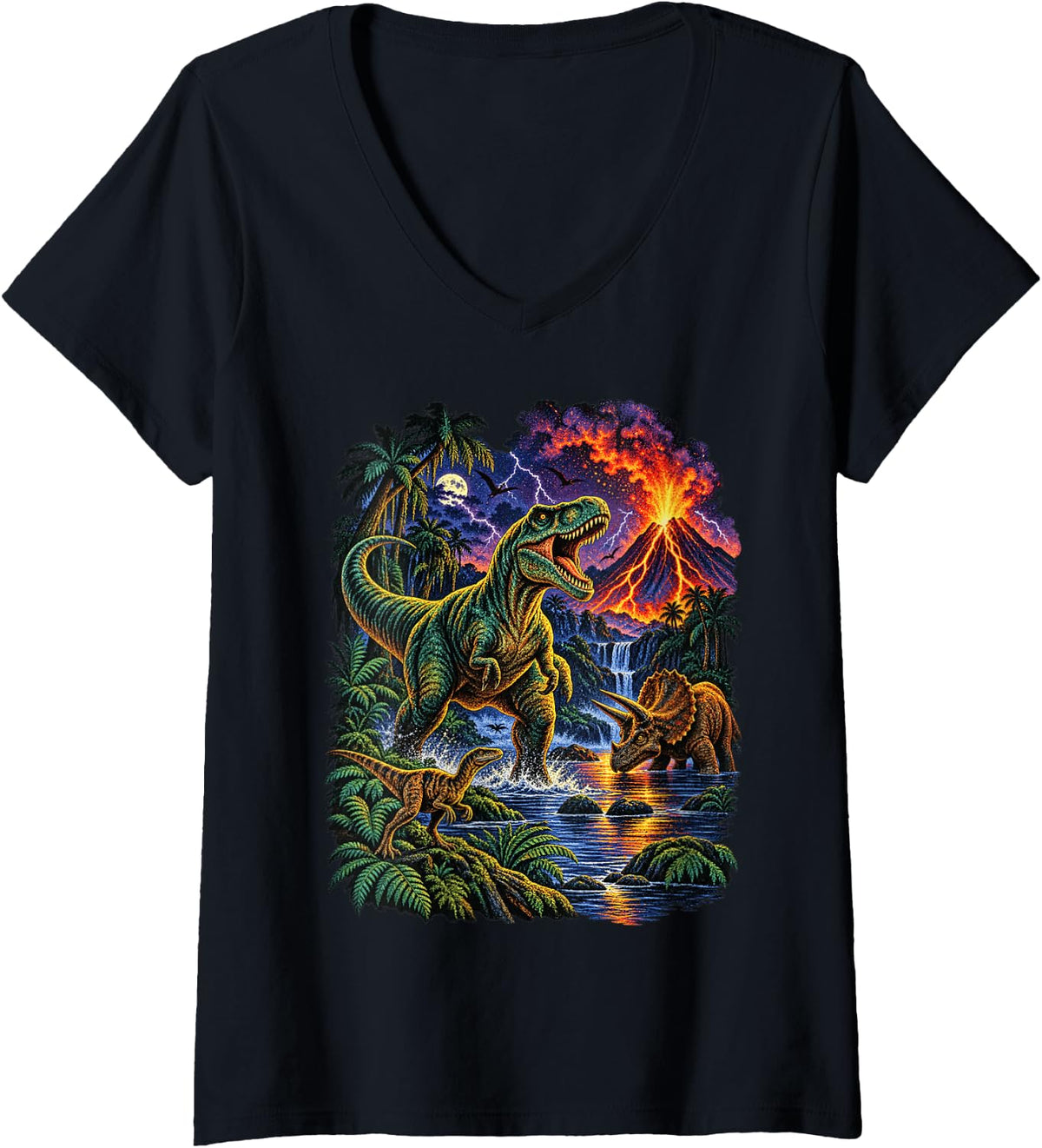 Women's Funny Dinosaur Retro Vintage Dinosaurs Prehistoric Animal V-Neck T-Shirt - Black