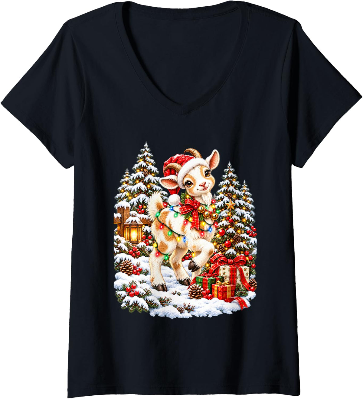 Women's Adorable Goat Holiday Santa Snow Scene V-Neck T-Shirt - Black