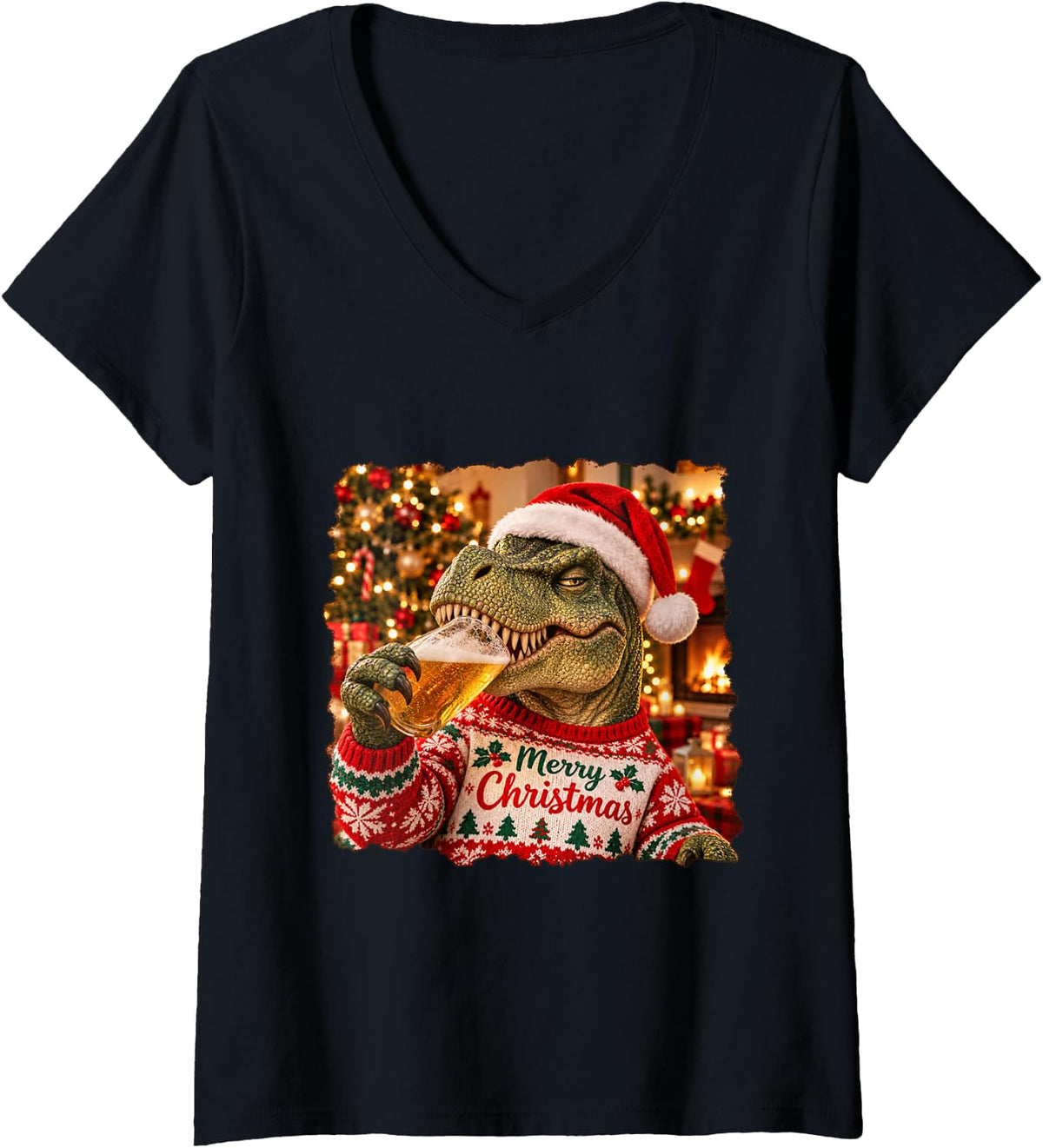 Women's Merry Christmas Dinosaur Lovers Funny Holiday Party V-Neck T-Shirt - Black