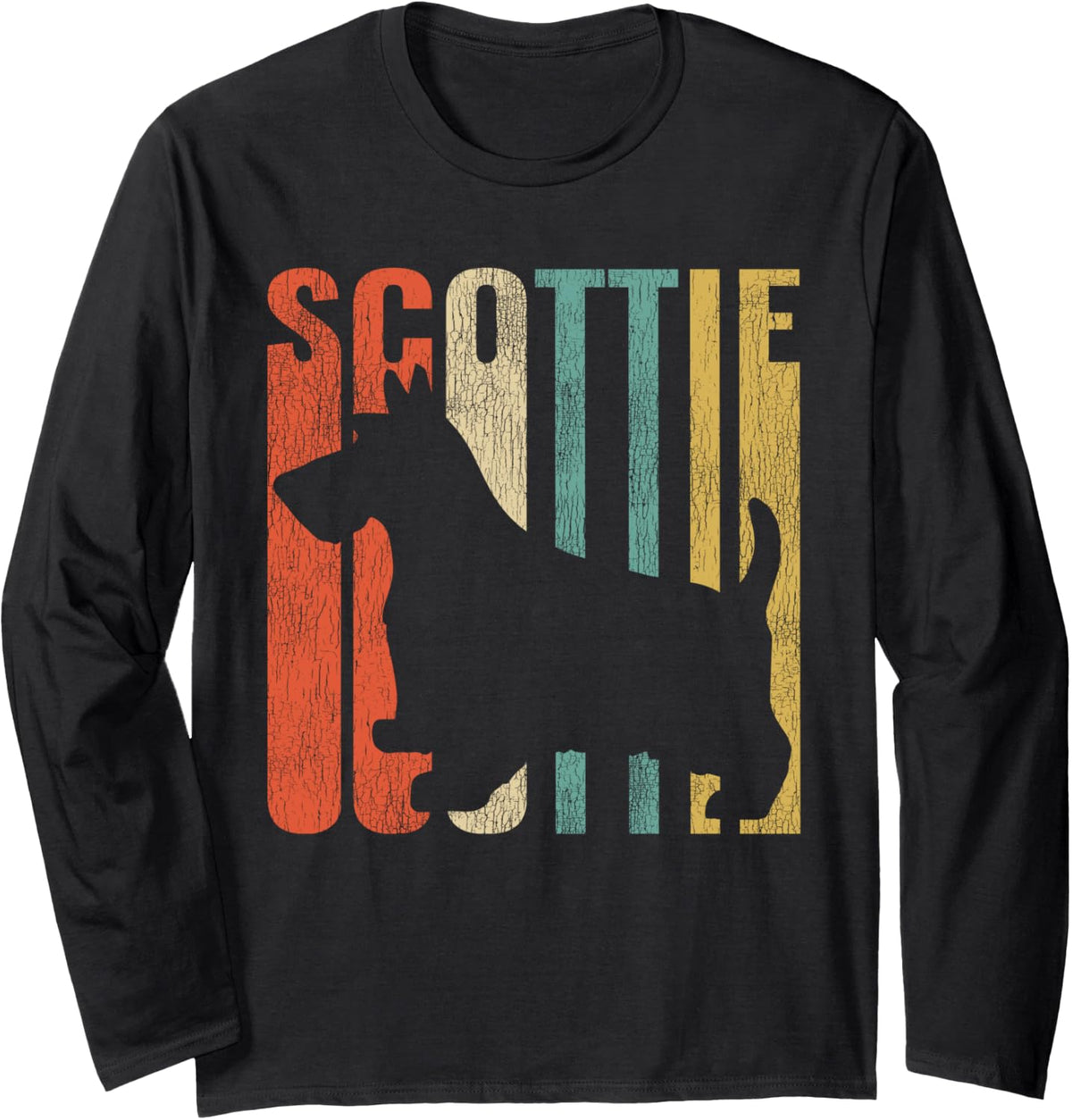Scottish Terrier Retro 1970's Dog Scottie Cracked Distressed Long Sleeve T-Shirt - Adult Unisex Black