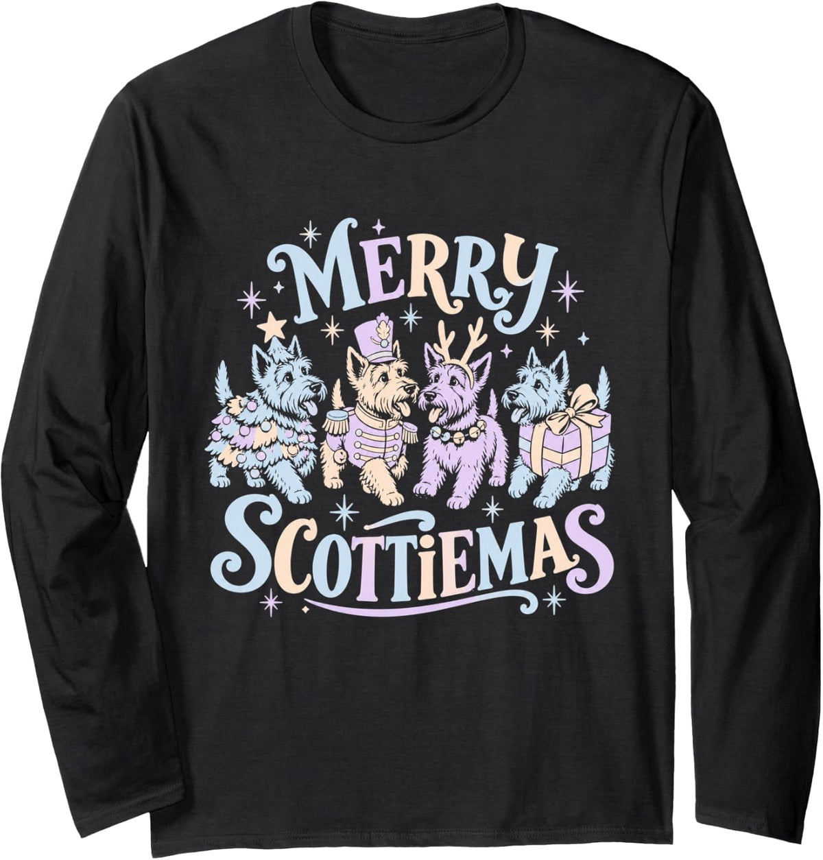 Scottie Dog Merry Scottiemas Christmas Holiday Long Sleeve T-Shirt - Adult Unisex Black