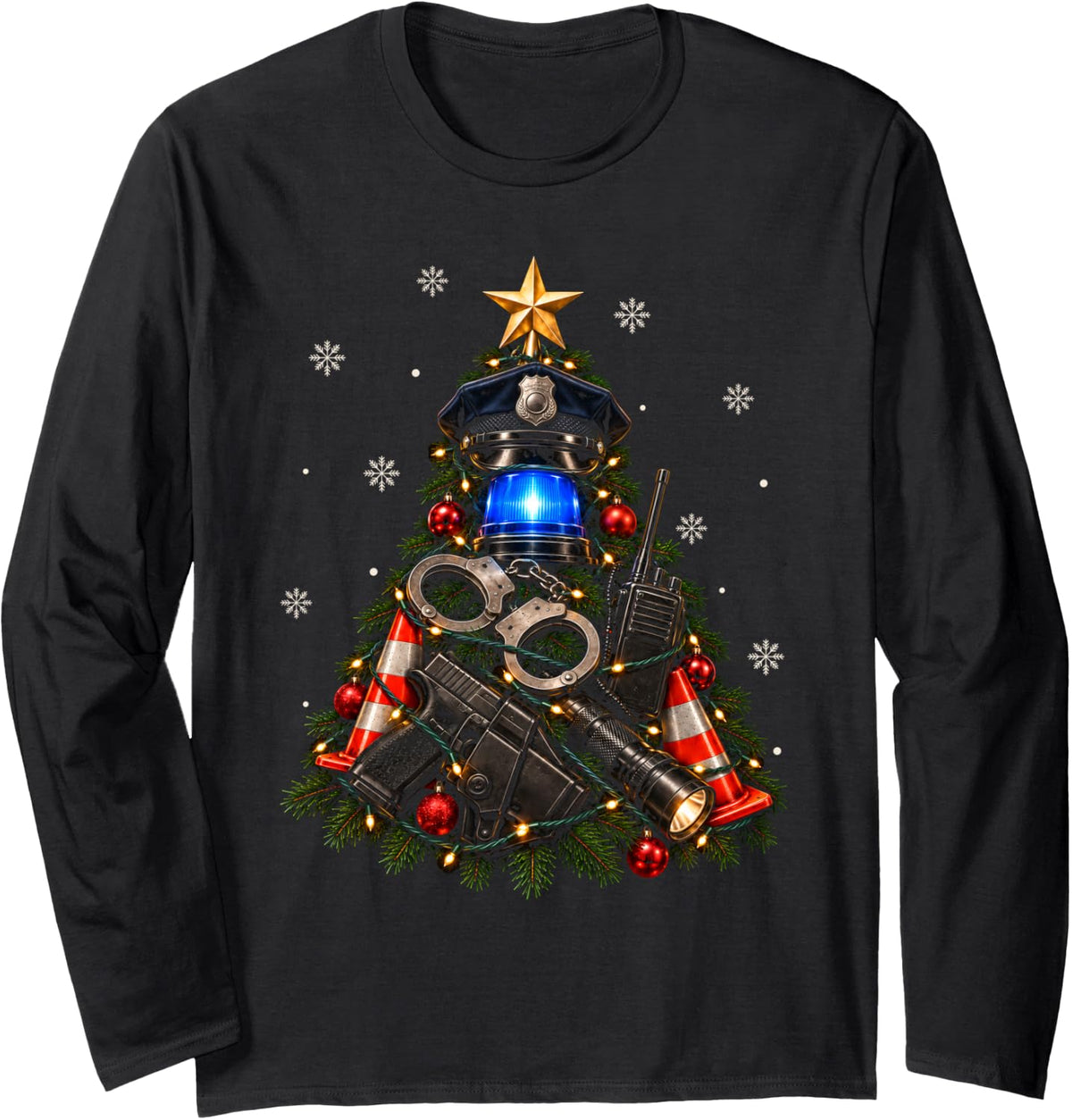 Police Christmas Tree Officer First Responder Cop Holiday Long Sleeve T-Shirt - Adult Unisex Black