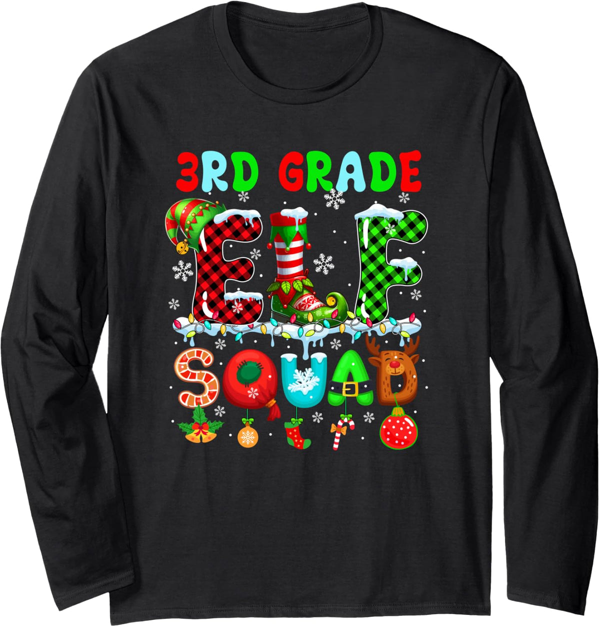 3rd Grade Elf Squad Christmas Colorful Teacher Students Team Long Sleeve T-Shirt - Adult Unisex Black