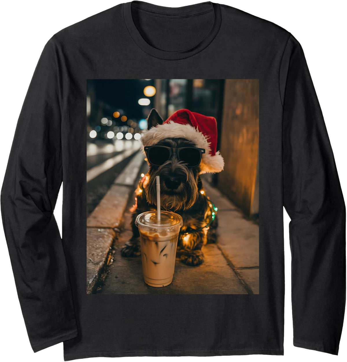 Scottish Terrier Drinking Iced Coffee Santa Christmas Long Sleeve T-Shirt - Adult Unisex Black