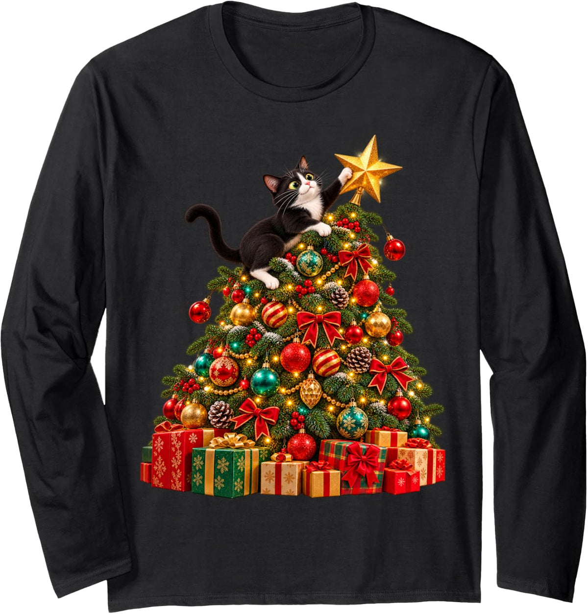 Tuxedo Cat Climbing Christmas Tree Holiday Long Sleeve T-Shirt - Adult Unisex Black