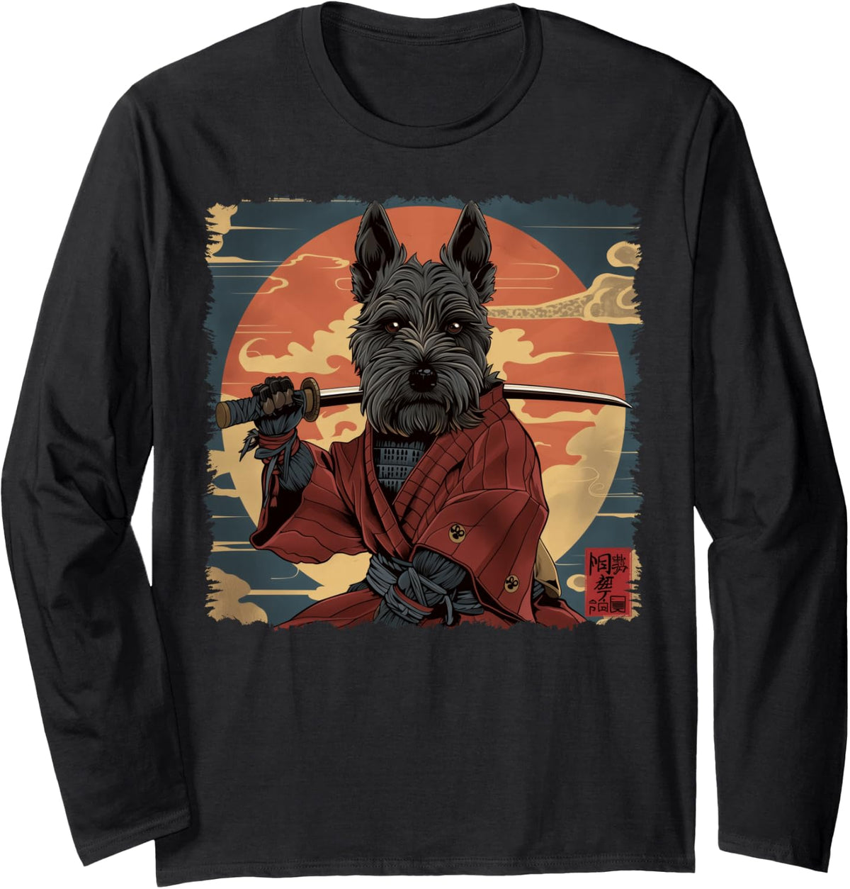 Scottish Terrier Dog Japanese Art Samurai Ukiyo-e Vintage Long Sleeve T-Shirt - Adult Unisex Black