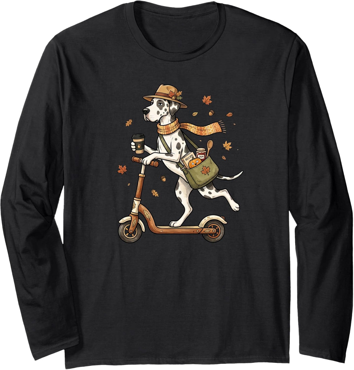 Funny Autumn Scooter Great Dane Thanksgiving Womens Mens Kid Long Sleeve T-Shirt - Adult Unisex Black