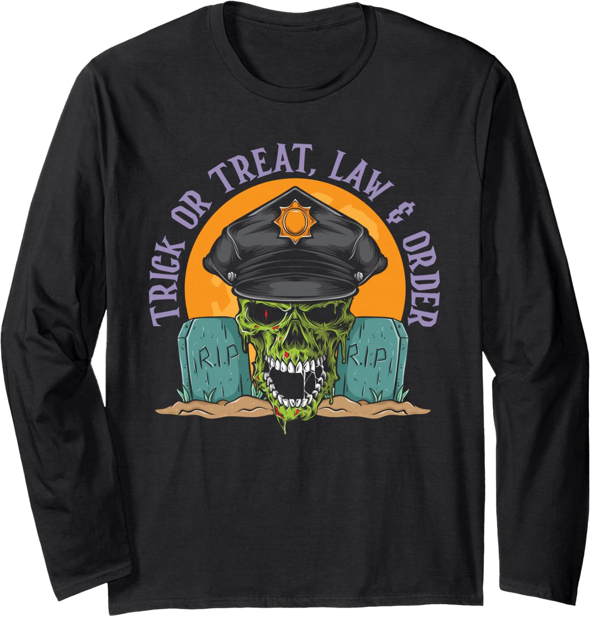 Trick or Treat, Law & Order Scary Policeman Spooky Halloween Long Sleeve T-Shirt - Adult Unisex Black