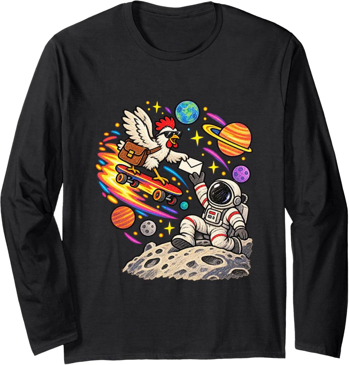 Chicken Space Mailman Funny Animal Meme Long Sleeve T-Shirt - Adult Unisex Black