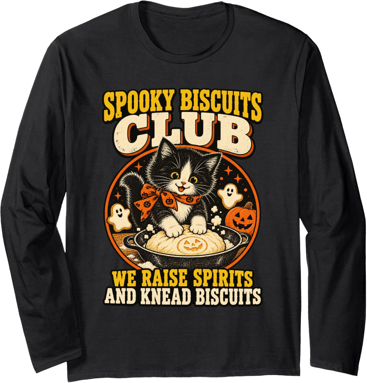 Cute Tuxedo Cat Halloween Baker - Spooky Biscuits Club Long Sleeve T-Shirt - Adult Unisex Black
