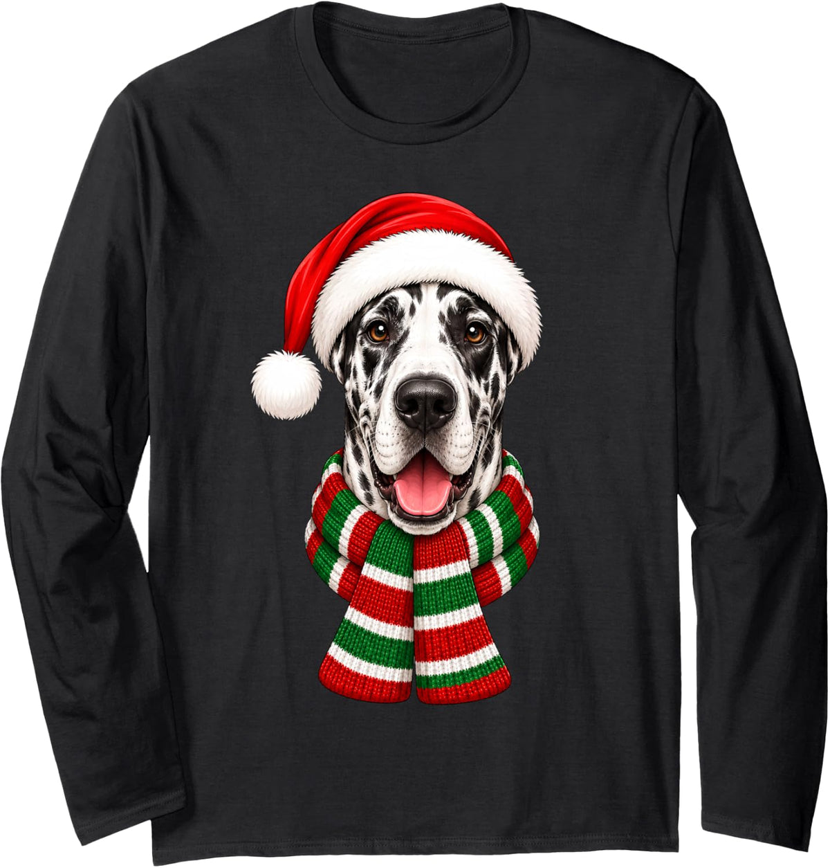 Great Dane Dog Christmas Santa Hat Scarf Festive Xmas Long Sleeve T-Shirt - Adult Unisex Black