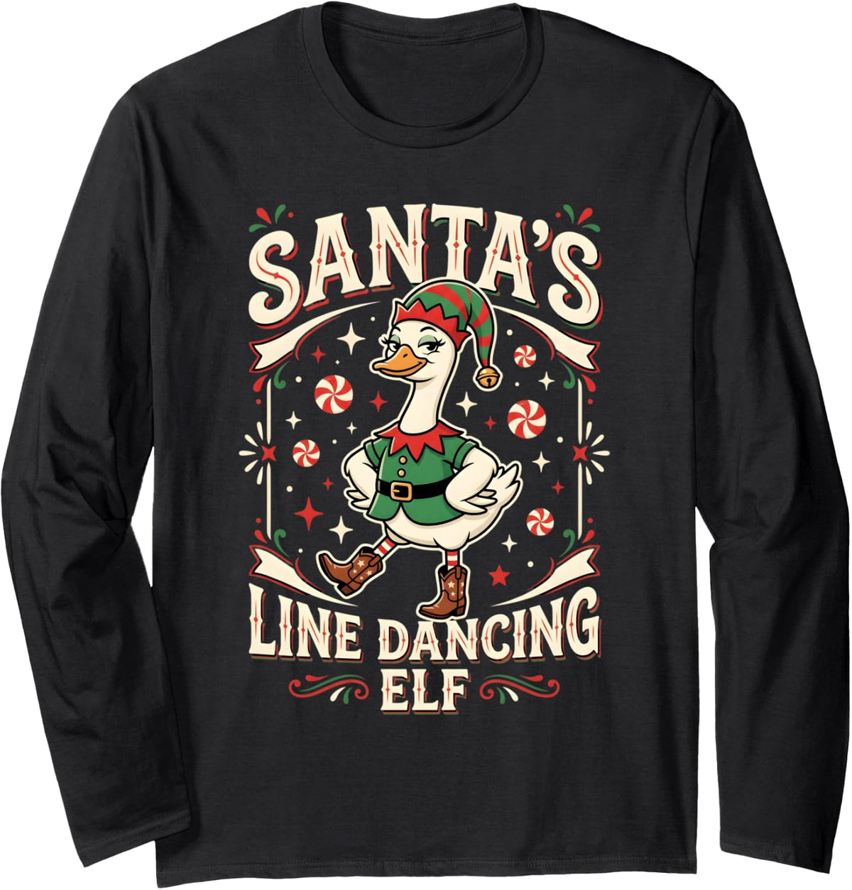 Line Dance Christmas Elf Line Dancing Line Dancer Long Sleeve T-Shirt - Adult Unisex Black
