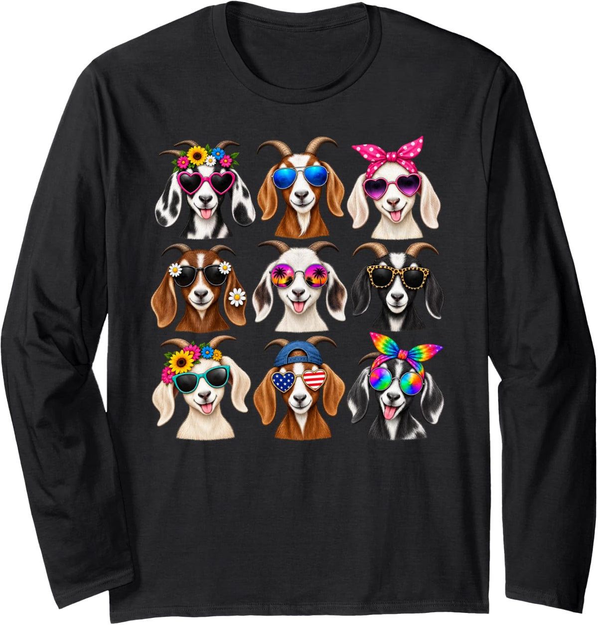 Cute Goats Sunglasses Long Sleeve T-Shirt - Adult Unisex Black