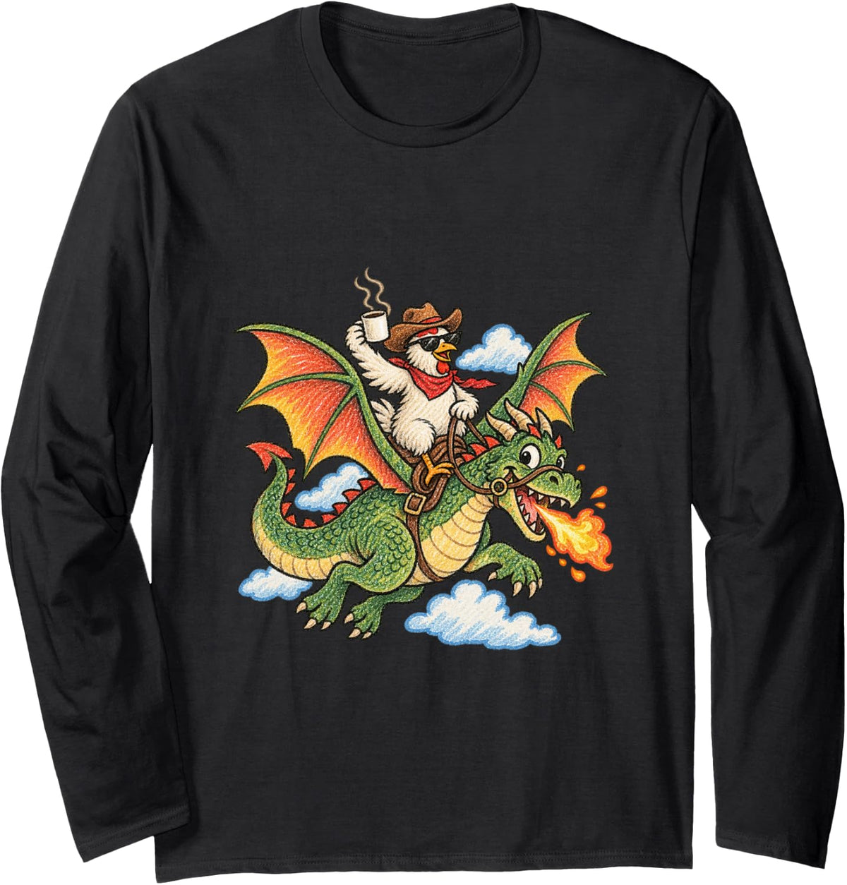 Chicken Riding Dragon Funny Animal Meme Long Sleeve T-Shirt - Adult Unisex Black