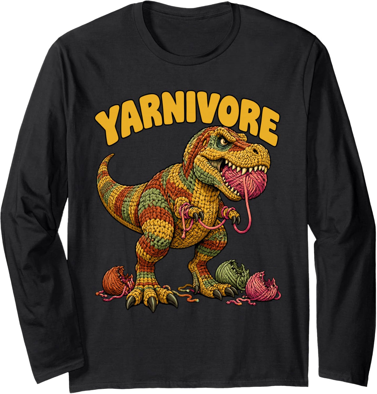 Yarnivore Crochet Dinosaur Trex Yarn Lover Funny Long Sleeve T-Shirt - Adult Unisex Black