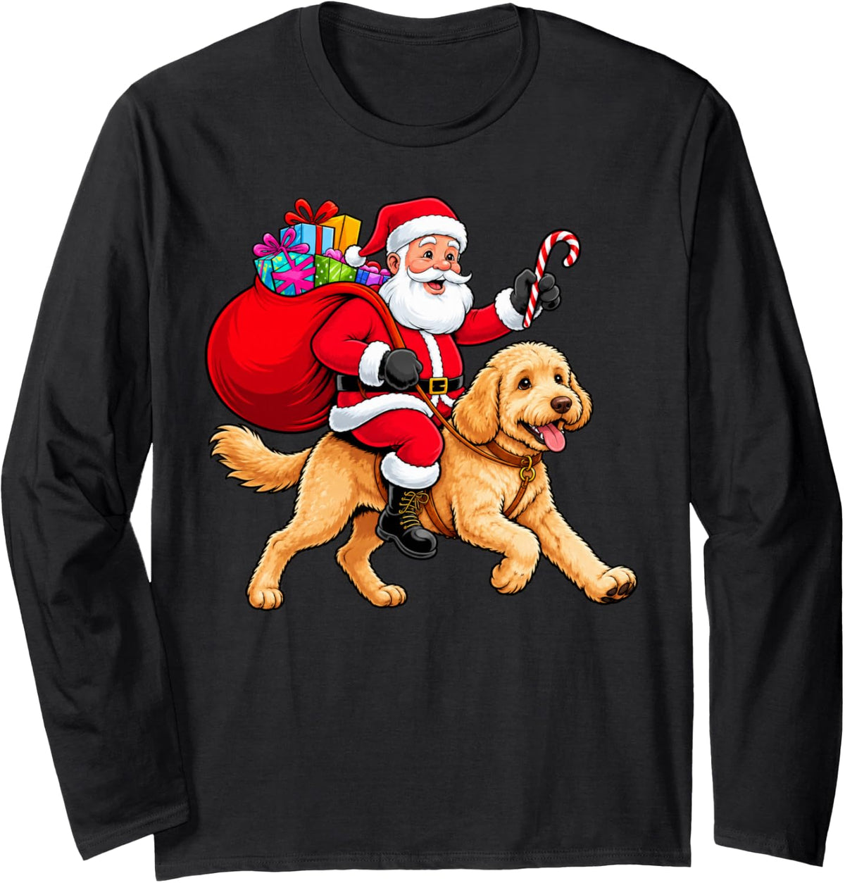 Xmas Santa Riding Labradoodle Lovers Pet Dog Christmas Long Sleeve T-Shirt - Adult Unisex Black