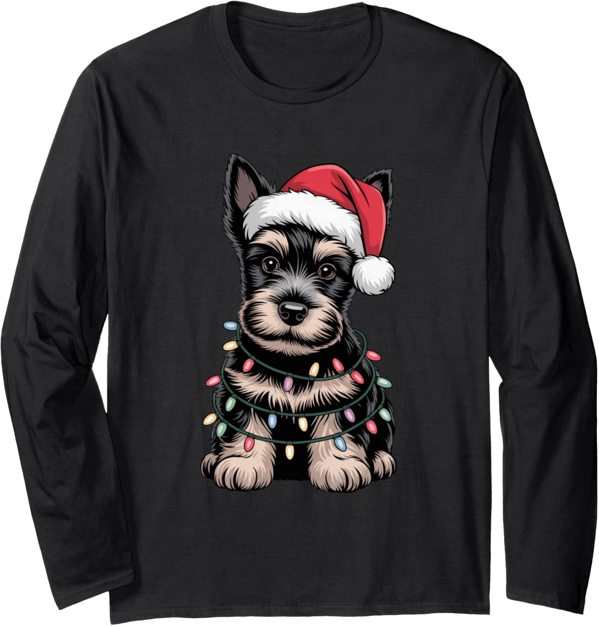 Cute Funny Scottish Terrier Puppy Christmas Lights Dog Lover Long Sleeve T-Shirt - Adult Unisex Black