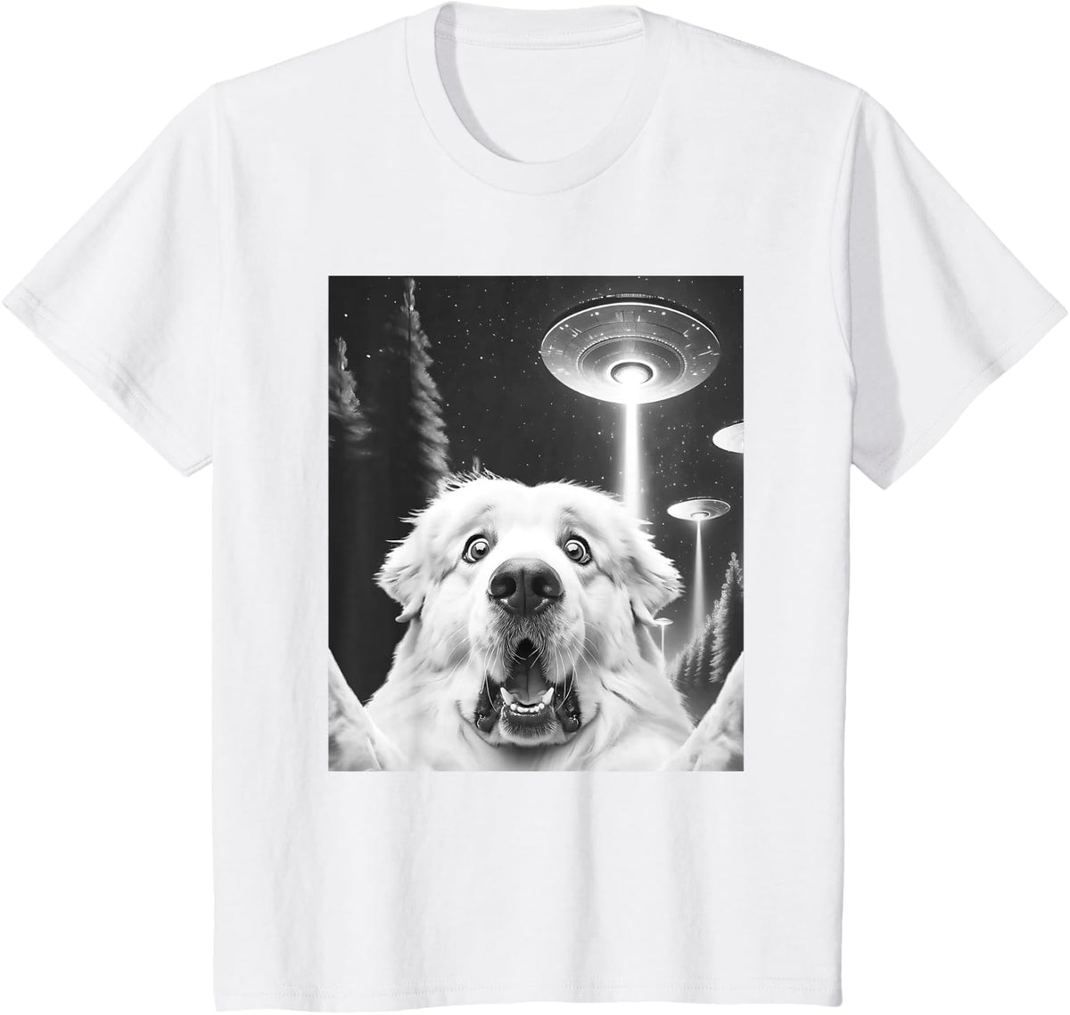 Funny Great Pyrenees Alien UFO Taking a Selfie Dog Mom Dad T-Shirt - White