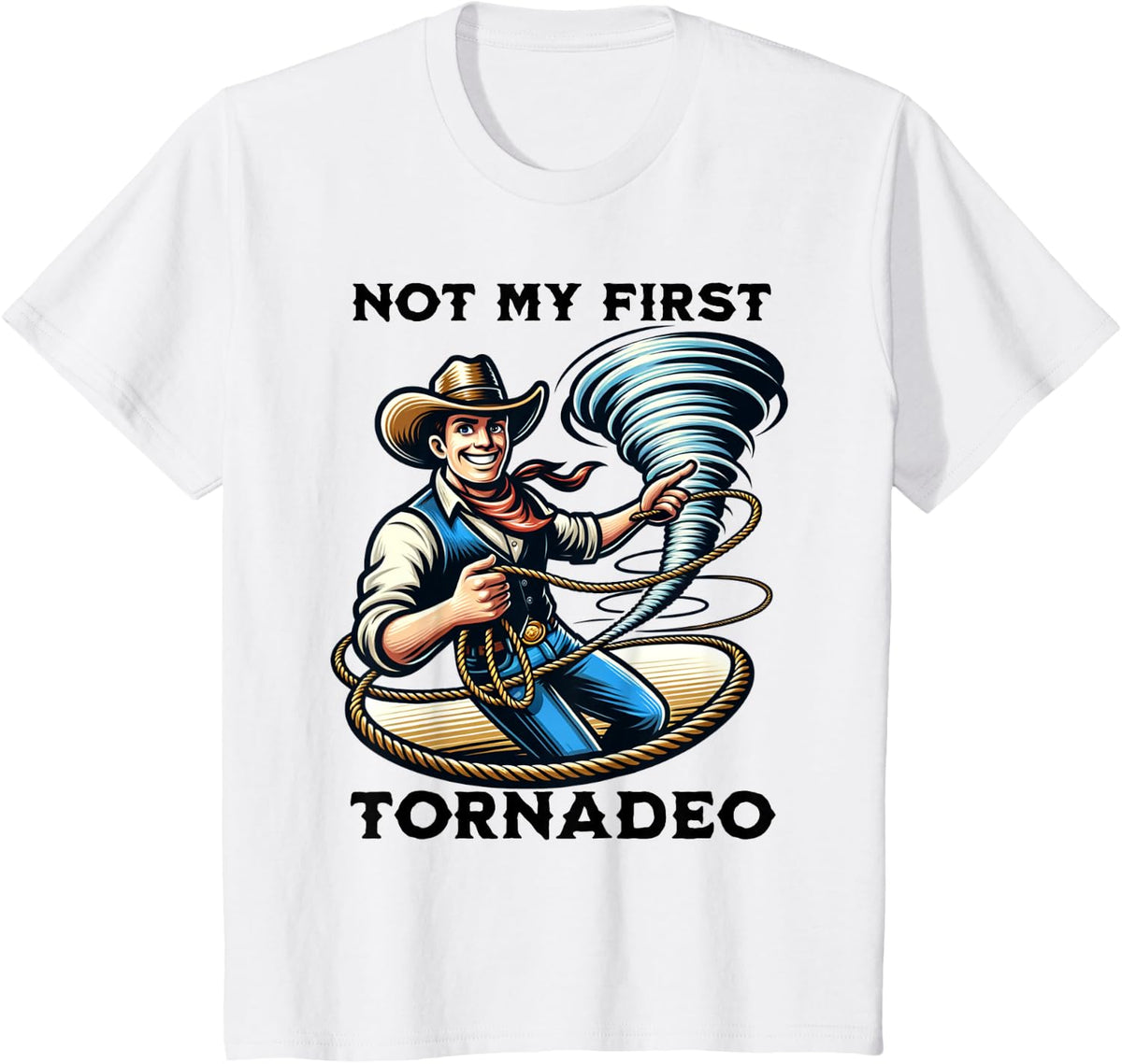 Not My First Tornadeo Funny Tornado Chaser Cowboy and Lasso T-Shirt - White