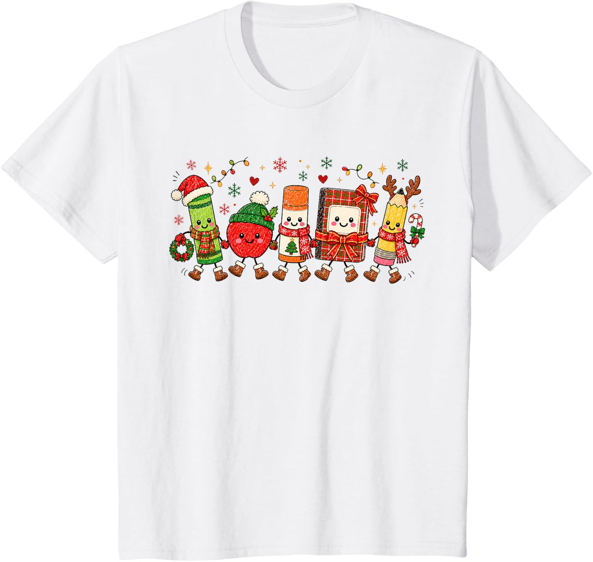 Cute Christmas School Supplies Crayons Pencils Teacher Xmas T-Shirt - White
