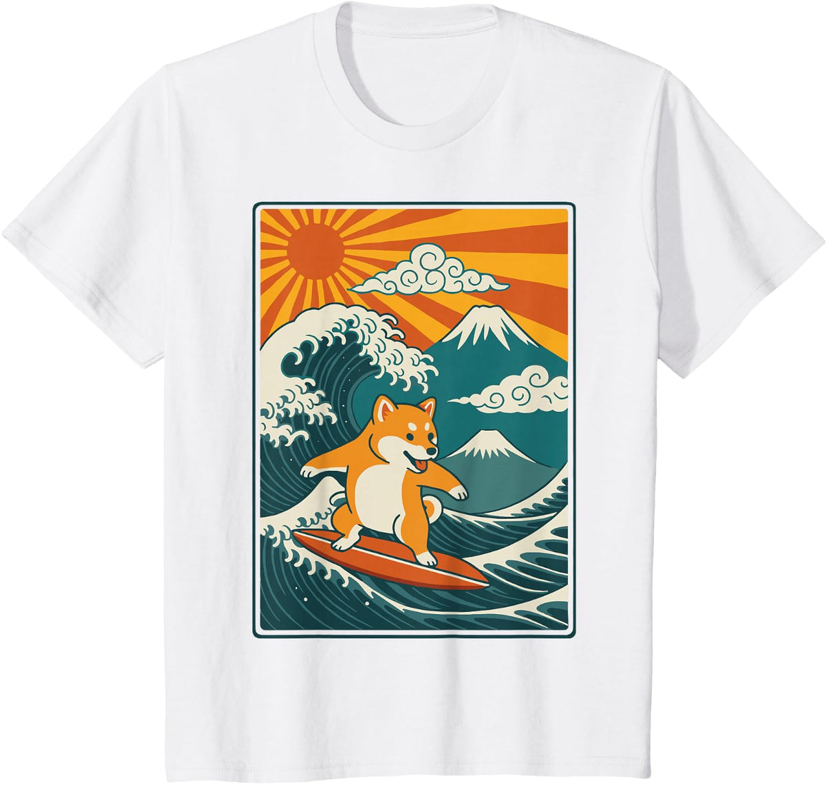 Shiba Inu Surfing Japanese Wave T-Shirt - White