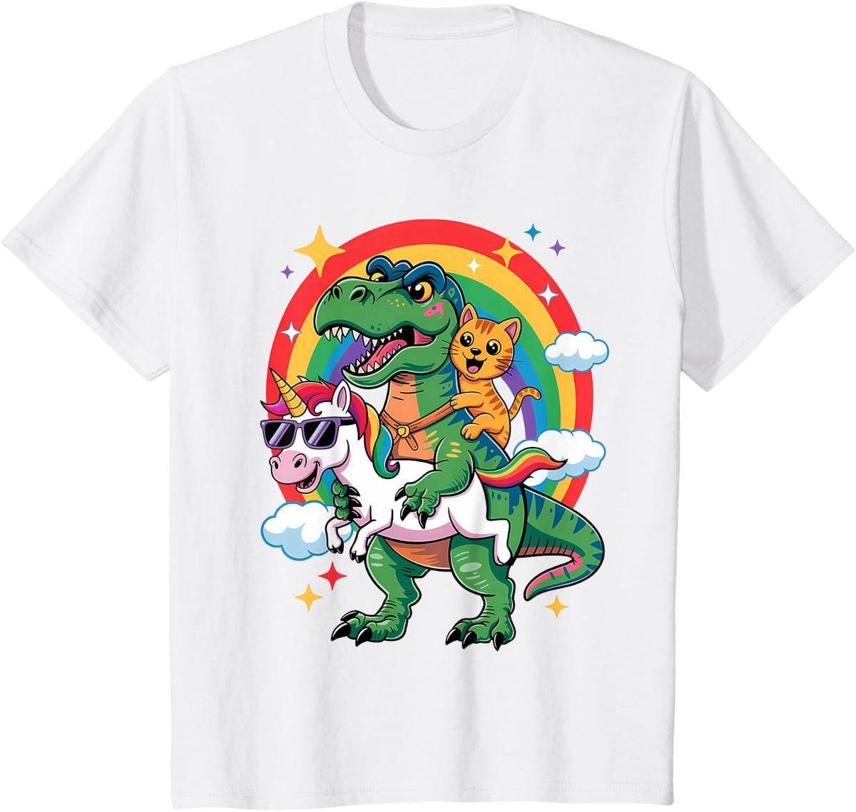 Cute Animal Unicorn Cat Riding Dinosaur Rainbow Space Galaxy T-Shirt Tee for Kids Adults - White