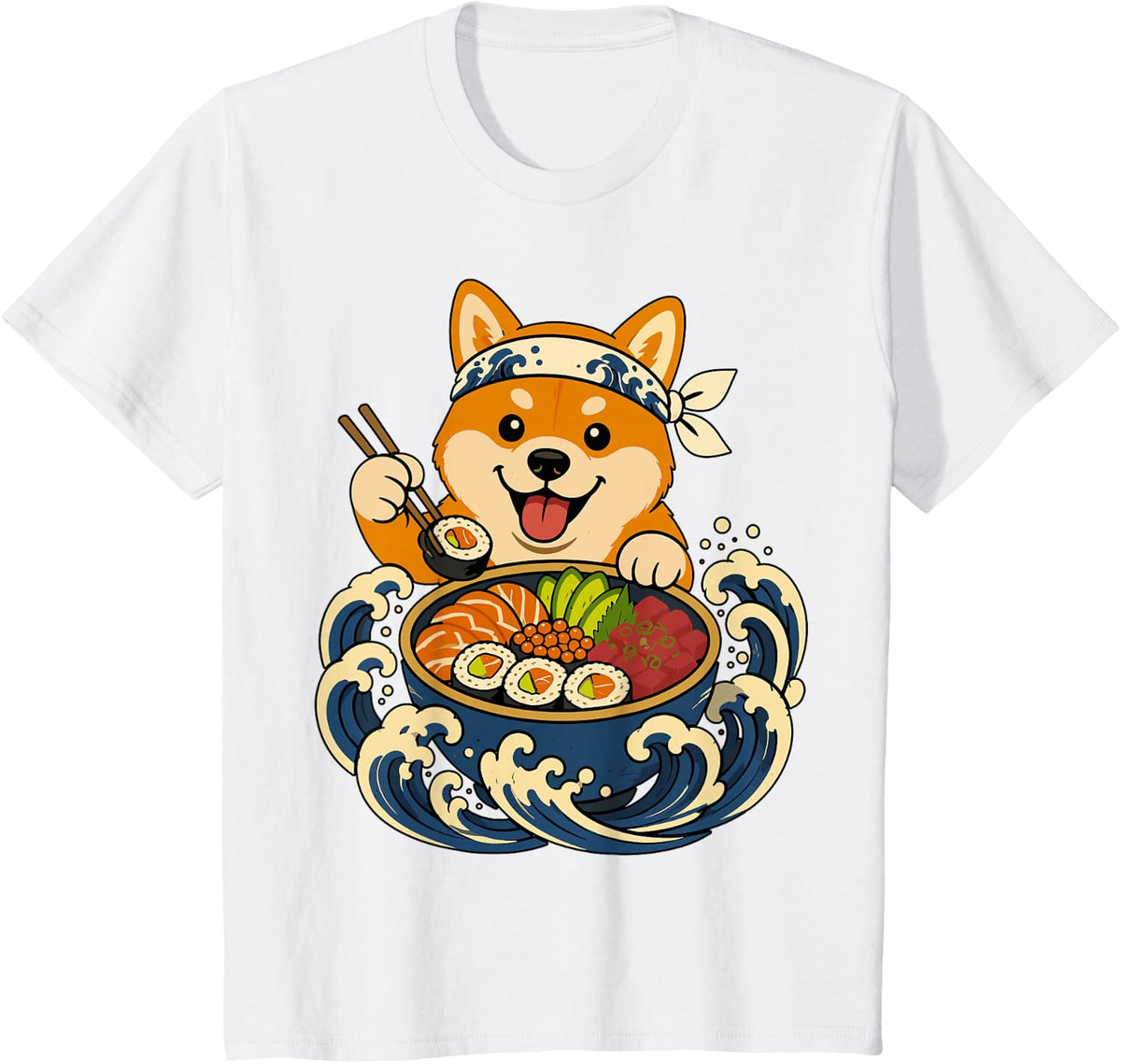 Shiba Inu Eating Sushi Japanese Wave T-Shirt - White