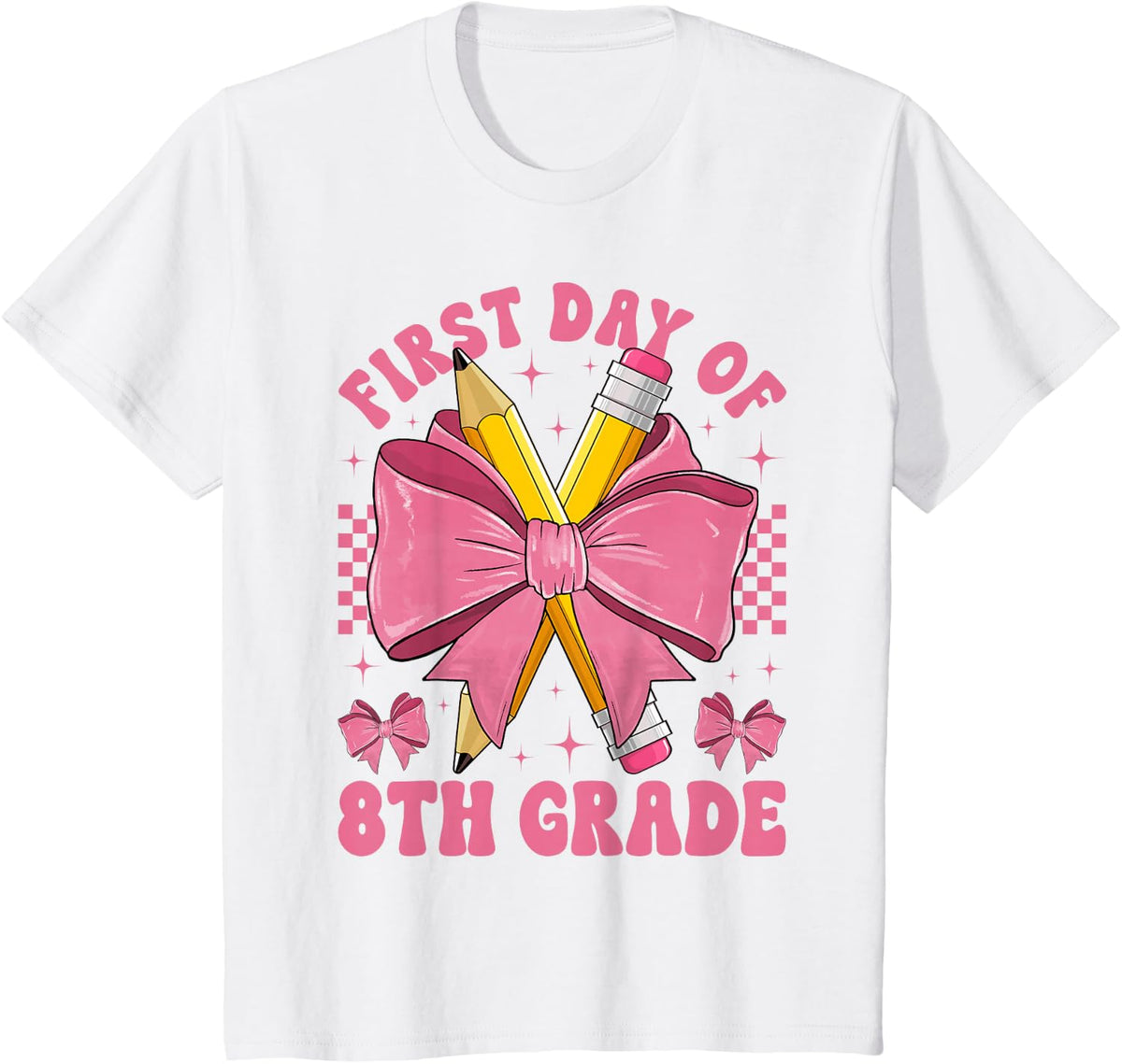 First Day of 8th Grade Coquette Bow Pencil Back to School T-Shirt - White