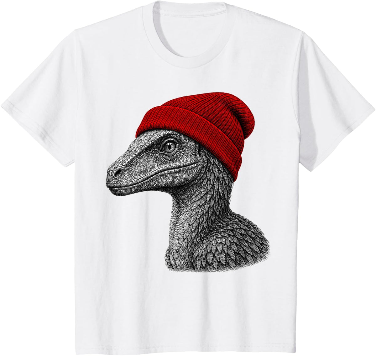 Velociraptor Wearing Beanie Funny Chill Dinosaur Lover T-Shirt - White