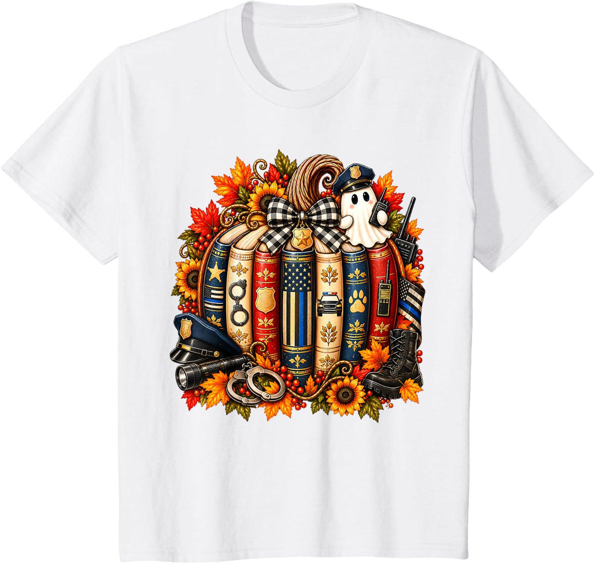 Policeman Police Officer Ghost Halloween Fall Pumpkin Leaves T-Shirt - White