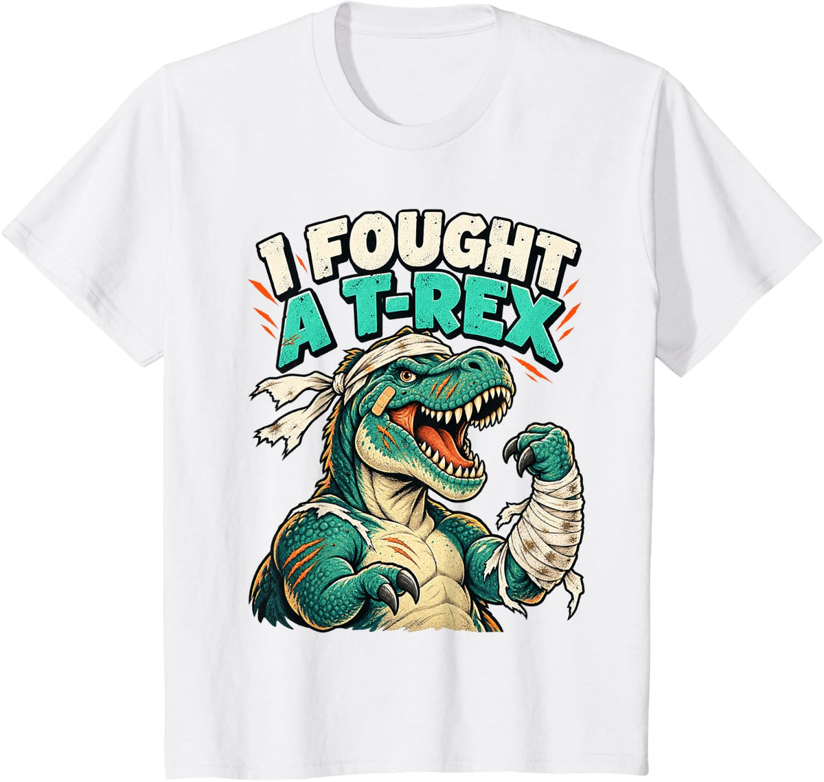 I Fought A T Rex Funny Dinosaur Survivor T-Shirt - White
