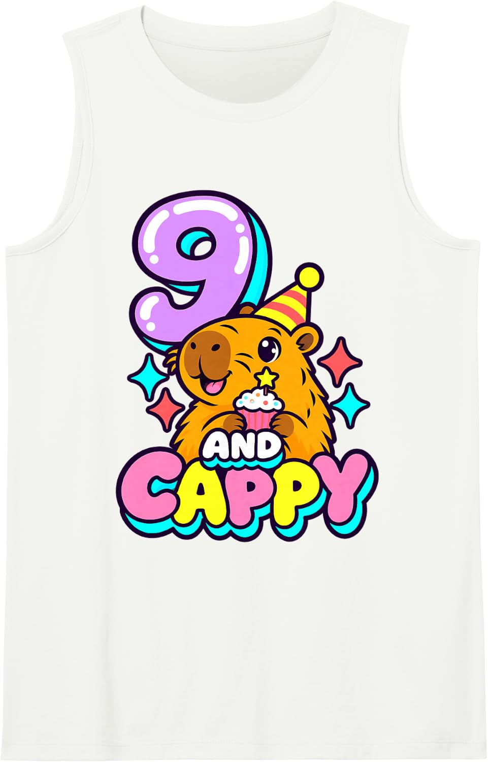 Cappy and 9 Capybara 9th Birthday Party Sparkles Cake Sleeveless Tank Top - White