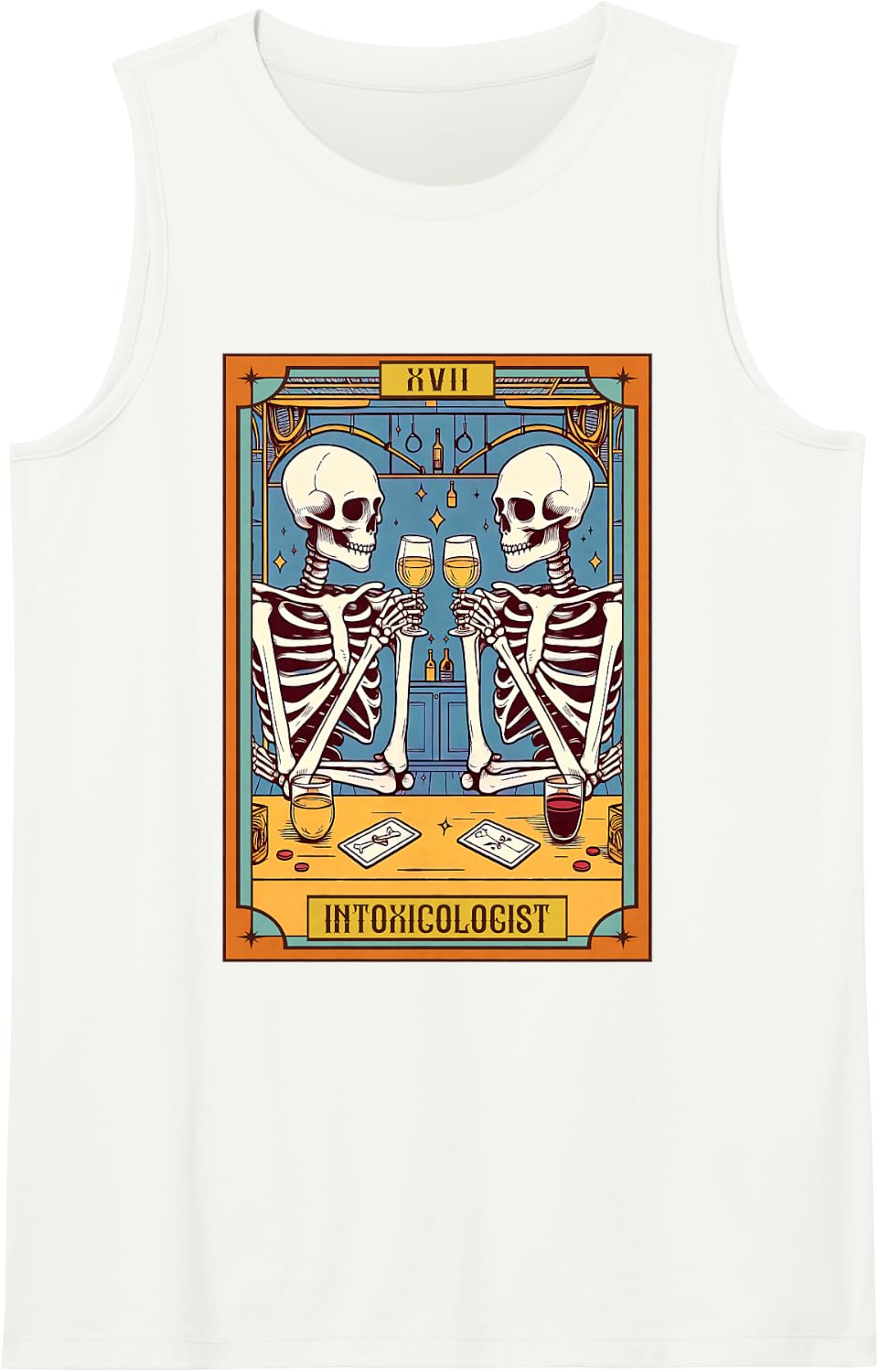 Funny Skeleton Drinking Bartender Intoxicologist Tarot Card Sleeveless Tank Top - White